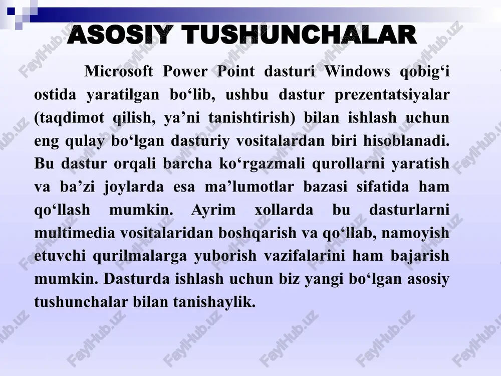 ga yangi bo‘sh slayd qo‘shish. 3. ctrl+d - taqdimotga aktiv slayd nusxasini qo‘shish. 4. ctrl+enter - slaydning keyingi elementini tahrirlash 5. ctrl+o - ilgari yaratilgan taqdimot faylni qayta ochish 6. ctrl+w - ekranda ochik bo‘lgan taqdimot faylni berkitish 7. ctrl+p - taqdimotni qog‘ozga bosmaga chiqarish 8. ctrl+s - taqdimot faylni saqlash. 9. f5 - taqdimot namoyishini ishga tushirish 10. alt+f4 - microsoft powerpoint dasturidan chiqib ketish microsoft power point tezkor tugmalari 11.ctrl+f - matn qismini qidirish 12.ctrl+h - topilgan matnni boshqa matn bilan almashtirish 13.ctrl+k – giperyo‘llanma qo‘shish 14.f7 - imlo xatolarni tekshirish 15.esc - oxirgi o‘zgarish yoki tugallanmagan harakatni bekor qilish 16.ctrl+z - oxirgi harakatni bekor qilish 17.ctrl+y - bekor qilingin harakatni qaytarish 18.ctrl+shift+f - slaydning tanlangan obyekt harflar shaklini o‘zgartirish 19.ctrl+shift+p - slaydning tanlangan obyekt harflar kattaligini o‘zgartirish 20. ctrl+shift+> - slaydning tanlangan obyekt harflar kattaligini bitta qadamga kattalishtirish. microsoft power point tezkor tugmalari 21. ctrl+shift+< - slaydning …