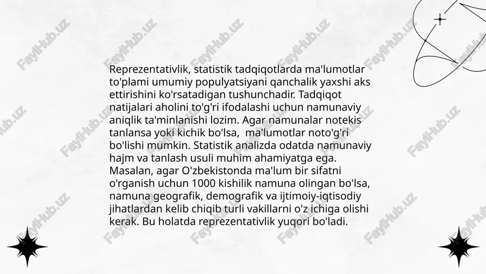 orotni to'liqlashtiradi. axborot olishda maxsus dasturlar va texnologiyalar, masalan, big data tahlili qo'llaniladi. axborotni to'g'ri ishlatish qaror qabul qilish jarayonida muhim rol o'ynaydi, bu esa muvaffaqiyatli natijalarga olib keladi. test meyyorlari (norma)larning reprezentativligi andijon iqtisodiyot va pedagogika universiteti sirtqi boshlang’ich ta'lim yònalishi sirtqi 52 -guruh talabasi yòldosheva gulhayo e'tiboringiz uchun raxmat! image1.png image2.png image3.png image4.jpg image5.png image6.jpg image7.jpg /docprops/thumbnail.jpeg