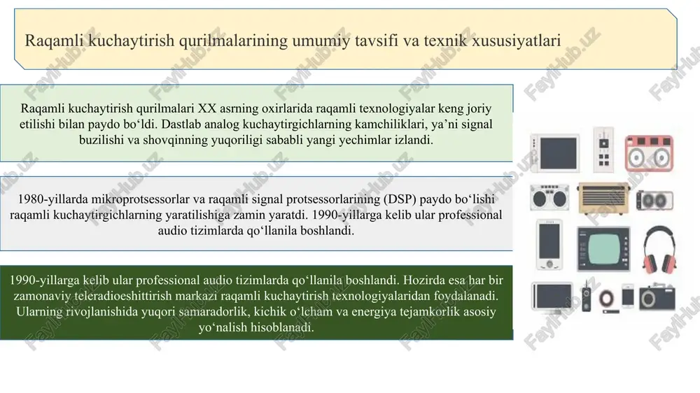 ish studiyalarida esa ular professional darajadagi ovoz sifatini ta’minlashda muhim ahamiyatga ega. multimedia tizimlarida esa raqamli kuchaytirgichlar televizor, kompyuter, kino va musiqiy uskunalarning asosiy bloklarini tashkil etadi. ularning energiya tejamkorligi va yuqori aniqligi tufayli foydalanuvchi tajribasi sezilarli yaxshilanadi. so‘nggi yillarda dunyodagi yirik kompaniyalar – yamaha, sony, pioneer, bose, tascam va behringer – raqamli kuchaytirish texnologiyalariga katta e’tibor qaratmoqda. masalan, yamaha a-s801 modeli yuqori aniqlikdagi audio signalni 120 db dinamik diapazonda uzatish imkoniyatiga ega. bose powermatch kuchaytirgichlari esa dsp asosida ishlaydigan avtomatik signal tahlil tizimi bilan jihozlangan. shuningdek, class-d turidagi raqamli kuchaytirgichlar 90–95% samaradorlikka ega bo‘lib, issiqlik chiqishini kamaytiradi. sony str-dn1080 modeli esa wi-fi va bluetooth orqali raqamli signal uzatishni qo‘llab-quvvatlaydi. ushbu innovatsion yechimlar teleradioeshittirishda signal sifatini yangi bosqichga olib chiqmoqda. kelajakda raqamli kuchaytirgichlar sun’iy intellekt va avtomatik boshqaruv tizimlari bilan integratsiyalashgan shaklda rivojlanadi. ular o‘z-o‘zini diagnostika qilish, signal turini avtomatik aniqlash va optimal kuchaytirish darajasini tanlash imkoniyatiga ega bo‘ladi. kvant …