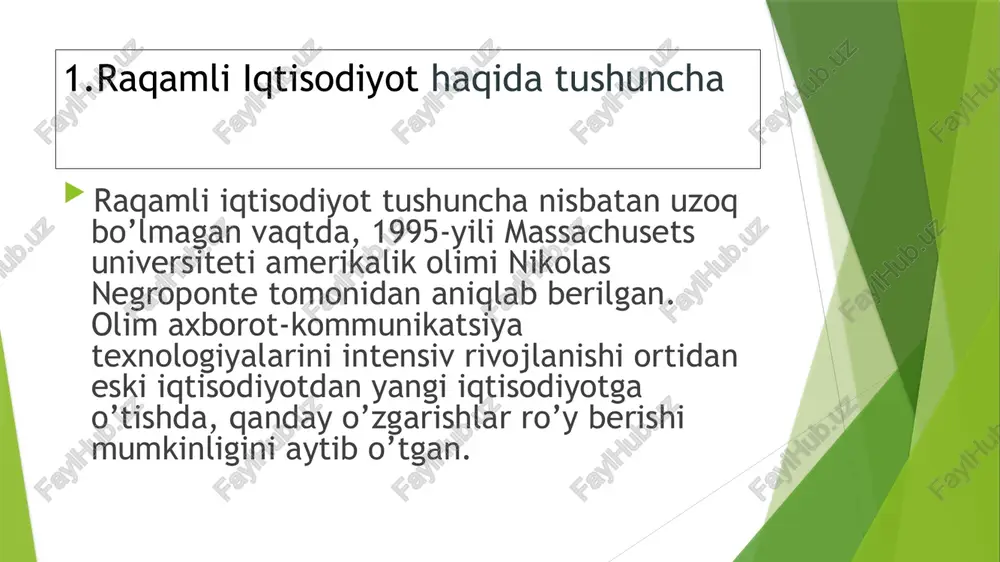 jlangan aqsh xitoy kanada estoniya rossiya va yevro ittifoqi davlatlarida raqamli iqtisodiyot quyidagi sohalarda rivojlangan. raqamli iqtisodiyotni rivojlantirish bizga nima beradi ? raqamli iqtisodiyot insonlarning turmush darajasini sezilarli darajada oshiradi, bu uning asosiy foydasidir. raqamli iqtisodiyot korrupsiya va „qora iqtisodiyot“ning asosiy kushandasidir. chunki, raqamlar hamma narsani muhrlaydi, xotirada saqlaydi, kerak paytda maʼlumotlarni tez taqdim etadi. bunday sharoitda biron maʼlumotni yashirish, yashirin bitimlar tuzish, u yoki bu faoliyat haqida to‘liq axborot bermaslikning iloji yo‘q, kompyuter hammasini namoyon qilib qo‘yadi. maʼlumotlar ko‘pligi va tizimliligi yolg‘on va qing‘ir ishlarga yo‘l bermaydi, chunki tizimni aldash imkonsiz. o‘zbekistonda raqamli iqtisodiyot qay darajada rivojlangan? taʼkidlash joizki, bugungi kunda foydalanuvchilar oziq-ovqat mahsulotlariga buyurtma berish uchun telegram botlaridan faol foydalanmoqdalar. shuningdek, turli internet do‘konlar, elektron to‘lov tizimlari ham faol rivojlanib bormoqda. demak, fuqarolarimiz elektron bitimlarni amalga oshirishga ishonyaptilar. faqat hozirgi kungacha foydalanuvchilar katta xarajatlar talab qilmaydigan kichik bitimlarni amalga oshirmoqdalar, o‘rtacha xarid hajmini oshirishga esa unchalik tayyor emaslar. …