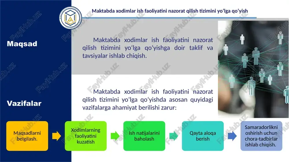 i. xodimlarni motivatsiya qilish uchun bonus tizimlari va malaka oshirish kurslari xodimlarni motivatsiya qilish uchun bonus tizimlari, malaka oshirish kurslari va tanlovlar tashkil etish zarur. bu xodimlarning samaradorligini oshirishga yordam beradi. muntazam qayta aloqa tizimini joriy qilish xodimlarning ish faoliyati haqida muntazam ravishda qayta aloqa berish tizimini joriy qilish zarur. bu xodimlarning samaradorligini baholash va rivojlantirishga yordam beradi. zamonaviy texnologiyalar va dasturlarni joriy qilish ish faoliyatini baholash va rivojlantirish uchun zamonaviy texnologiyalar va dasturlarni joriy qilish zarur. bu texnologiyalar xodimlarning ish faoliyatini samarali baholash va rivojlantirish imkoniyatini beradi. xulosa maktablarda xodimlar ish faoliyatini nazorat qilish tizimini joriy etish va samaradorligini oshirish uchun xorijiy tajribalarni o‘rganish va tatbiq qilish muhimdir. ushbu kurs ishi natijasida xodimlarning ish faoliyatini nazorat qilish tizimini yo‘lga qo‘yish bo‘yicha amaliy tavsiyalar ishlab chiqildi. bu tavsiyalar maktablarda xodimlarning samaradorligini oshirish va ta'lim sifatini yaxshilashga yordam beradi. chora-tadbirlar rejasi maktabda xodimlar ish faoliyatini nazorat qilish tizimini yo‘lga qo‘yish t/r …