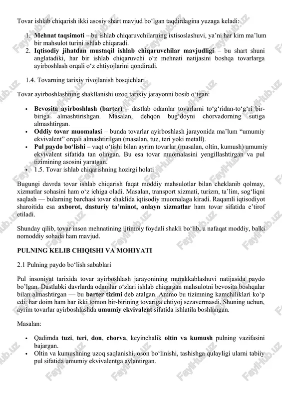 arter tizimi deb atalgan. ammo bu tizimning kamchiliklari ko‘p edi: har doim ham har ikki tomon bir-birining tovariga ehtiyoj sezavermasdi. shuning uchun, ayrim tovarlar ayirboshlashda umumiy ekvivalent sifatida ishlatila boshlangan. masalan: · qadimda tuzi, teri, don, chorva, keyinchalik oltin va kumush pulning vazifasini bajargan. · oltin va kumushning uzoq saqlanishi, oson bo‘linishi, tashishga qulayligi ularni tabiiy pul sifatida umumiy ekvivalentga aylantirgan. demak, pul inson tomonidan “yaratilgan” emas, balki tovar ayirboshlash ehtiyojlaridan tabiiy ravishda vujudga kelgan iqtisodiy hodisadir. 2.2. pulning mohiyati pul — bu umumiy ekvivalent bo‘lib, u barcha tovarlarning qiymatini ifodalaydi, ularning ayirboshlanishini osonlashtiradi va iqtisodiy aloqalarni ta’minlaydi. pulning mohiyati shundan iboratki, u: · barcha tovarlarning qiymatini bir o‘lchovda ifodalaydi; · tovar muomalasini tezlashtiradi va soddalashtiradi; · iqtisodiy subyektlar o‘rtasida hisob-kitobni amalga oshirish vositasi bo‘lib xizmat qiladi; · jamg‘arma va kapital to‘plash imkonini beradi. pulning qiymati esa uni chiqaruvchi davlat yoki markaziy bank tomonidan belgilangan ishonch darajasiga asoslanadi. bugungi kunda …