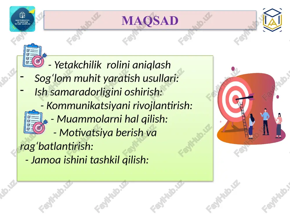sh sharoitlari yaratilgan muhit tushuniladi xulosa qilib shuni aytishim mumkinki, jamoada sog‘lom muhitni yaratish va maktabning rivojlanish strategiyasi ishlab chiqish jamoa rahbariga bog‘liq jarayon. shunday ekan rahbar faqatgina boshqaruv uchun tayinlangan muayyan shaxs sifatida emas balki, liderlarga xos bo‘lgan xususiyatlar mujassam bo‘lgan menejer bo‘lishi kerak. xulosa. liderlik; menejer faollik; tashabbuskorlik; adolatlilik; diplomatik qobiliyatga egalik; a.avloniy nomidagi milliy-tadqiqot instituti menejerlik o‘quv kursi tinglovchisi xudoyqulov zokir raxmatillayevich chora-tadbir rejasi muommo amalga oshirish mexanizmi mas’ullar muddati natija 1 maktab jamoasida nosog‘lom muhitni shakllanishiga xizmat qiluvchi liderlar mavjud zamonaviy boshqaruvning etika va qadriyatlar asosidagi yetakchilik usulini samarali joriy etish . bunda: o‘z faoliyatida yuqori ahloqiy standartlarga rioya qilish va jamoaga shu qadriyatlarni singdirish. maktabda adolat, halollik va ma’suliyat muhitini yaratish. o‘qituvchilarni ijtimoiy ma’suliyat kasbiy burchlarini anglatish maktab direktori mmibdo` o`ibdo` maktab psixologi sinf raxbarlar pedagoglar ota-onalar kengash kuzatuv kengashi doimiy ravishda pedagogik jamoada sog‘lom va jamoaviy ishchi muhiti yuzaga keladi. pedagoglarning kasbiy ma’suliyati ortadi. …
