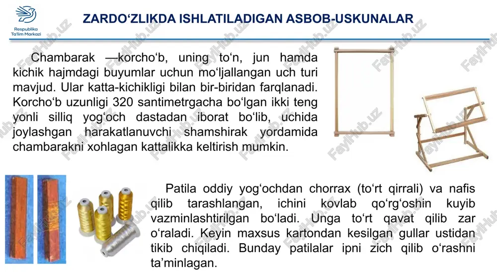 rbof to’n kiydirishgan. xix va xx asr boshlarida, ya’ni 1785 yildan to 1920 yilgacha buxoroda hukmronlik qilgan mangitlarning oxirgi sulolasiga taalluqli bo’lgan zardo’zi kiyimlari hhozirgi kunda bizgacha etib kelgan yagona yodgorlik nusxalardir. mangitlarning birinchi sulolasi vaqillariga mansub bo’lgan zardo’zi ash’yolar bizgacha deyarli etib kelmagan. ammo gaydar (1800— 1826 y) zamonidan yagona yodgorlik sifatida zardo’zi mahsi saqlanib qolgan. mahsiga 1224 y raqami tiqilgan, bu melodning 1809—1810 yillariga to’gri keladi. mazkur raqamning uchrashi shu paytgacha zardo’zi kiyimlarda ruy bergan yagona holdir. amir nasrullodan (1827—1860 y) anchagina zardo’zi kiyimlar saqlanib qolgan. buyumlarning ko’pchiligi 1895 yildan 1911 yilgacha hukmronlik qilgan abdulahadga mansubdir, zero buxorolik kashtachilarning zardo’zlik san’ati shu davrda gullab yashnagan deb hisoblanadi. buxoroda zardo’zlik 1920 yil amir taxtdan agdarilguncha rasmiy jihatdan saroy san’ati hisoblanardi. bu shaharda tayyorlanadigan zardo’zi buyumlarning deyarli hammasini egallab olgan katta buyurtmachini yo’qotgach, tabiiyki, zardo’zlik korxonalari keskin kamayib ketdi. zardo’zchilar hunarmandchilik ustaxonalariga birlashib, mayda buyumlar, do’ppilar va ayollarning ayrim kiyimkechaklarini …