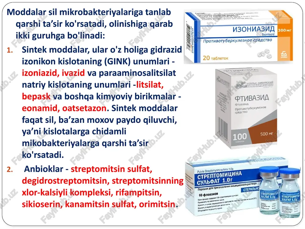 4 soatda qonda yuqori miqdorda aniqlanadi, qonda oqsillar bilan bog'lanmaydi, orqa miya suyuqligiga - likvorga yaxshi o'tadi. sikloserinning uchdan bir qismi metabolizmga uchraydi, buyrak orqali organizmdan chiqib ketadi. sikloserin qo'llanganda markaziy nerv sistemasi tomonidan salbiy ta’sirlar yuzaga keladi - bosh og'riydi, bosh aylanadi, talvasa tutadi, ruhiy o'zgarishlar paydo bo'ladi. kanamitsin aminoglikozidlar turiga kiradi, ta’sir doirasi keng, grammusbat, grammanfiy hamda kislotalarga chidamli mikobakteriyalarga, ayniqsa, sil mikobakteriyasiga qarshi ta’sir ko'rsatadi. kanamitsin mikroorganizmlar hujayralarida oqsillar hosil bo'lishiga to'sqinlik qiladi, ularga bakteriostatik va bakteritsid ta’sir ko'rsatadi. silni davolashda zaxira antibiotik hisoblanadi, moddaning mono, disulfatlari streptomitsin, izoniazid, pask ga chidamli mikobakteriyalarga qarshi ta’sir etadi. kanamitsin mushaklar orasiga, plevra bo'shlig'iga, aerozol shaklida yuqori nafas yo'llari silida yuboriladi. kanamitsin zaharli modda, neyrotoksik, ototoksik ta’siri streptomitsindan ham kuchliroq. kanamitsin bilan davolanganda quloqning eshitish qobiliyatini tekshirib turish kerak. kanamitsin buyraklarni ham jarohatlashi, impulslarni nervdan mushaklarga o'tkazishni kuraresimon moddalarga o'xshab falajlashi, ba’zi holatlarda allergik jarayonlar, jigar faoliyatini o'zgartirishi mumkin. salbiy …