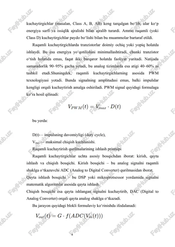 enti (gain): samaradorlik (η): bu yerda pout — chiqish quvvati, psupply​ — energiya manbai quvvati. chastota diapazoni (bandwidth): 20 hz – 20 khz. snr (signal-to-noise ratio): 100 db dan yuqori bo‘lishi tavsiya etiladi. thd (total harmonic distortion): < 0.01 %. bu parametrlar teleradioeshittirishda signal sifatining yuqoriligini va uzatishdagi aniqlikni ta’minlaydi. raqamli kuchaytirgichlarning nazariy modelini qurish nazariy jihatdan, raqamli kuchaytirgich tizimi chiziqli o‘tish funksiyasi orqali tavsiflanadi: bu yerda g — kuchaytirish koeffitsienti, rrr va c — filtr elementlari. ushbu model orqali tizimning chastota xarakteristikasi va faza javobi aniqlanadi.shuningdek, raqamli tahlilda fast fourier transform (fft) algoritmi yordamida signal spektri tahlil qilinadi. bu jarayon signal buzilishini aniqlash va kompensatsiya qilish imkonini beradi. shovqinni kamaytirish va signalni tozalash kuchaytirish jarayonida eng katta muammo — shovqin. shovqinlar asosan quvvat manbai, tranzistorlar va tashqi elektromagnit maydonlardan kelib chiqadi. raqamli kuchaytirgichlarda shovqinni kamaytirish uchun: raqamli filtrlash (digital filtering), o‘rtacha qiymat bo‘yicha silliqlash (averaging), spektral tahlil asosida shovqinni …