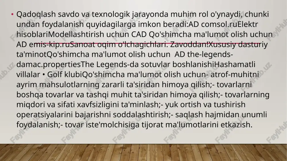 adga qarab, yog'och barrellar quruq va jele bo'linadi. ommaviy va xamirli mahsulotlarni qadoqlash uchun bochkalar bilan bir qatorda barabanlar ishlatiladi - silindrsimon korpusli, halqasiz, tekis pastki va qopqoqli yuk tashish konteyneri. ular kontrplak yoki yog'ochdan yasalgan va 200 kg gacha bo'lgan yuklarni saqlash va tashish uchun ishlatiladi.yog'och idishlarning navlaridan biri savatdir. ular novda va draperydir. ular rezavorlar, mevalar, sabzavotlar, shuningdek, baliq va boshqa oziq-ovqat mahsulotlarini yig'ish, saqlash va tashish uchun ishlatiladi. 7. ishlatilgan materialga qarab, idishlar va qadoqlash to'qimachilik, metall, shisha, keramika, polimer va kombinatsiyalangan bo'linadi. qadoqlash materiali mahsulotning fizik, kimyoviy, gigienik, biologik va boshqa xususiyatlaridan kelib chiqqan holda tanlanadi.yog'och qadoqlash muomalada eng ko'p taqsimotni oldi.qattiq, mexanik stressga dosh berishga qodir, u yuklarni tashish paytida yaxshi himoya qiladi. biroq, yog'och qadoqlash katta massaga ega. bu guruhga qutilar, bochkalar, savatlar kiradi.qutilar transport konteynerlari bo'lib, ularning tanasi to'rtburchaklar pastki, ikkita uchi va yon devorlari, qopqoqli yoki qopqoqsiz shakllanadi. turli xil yog'och qutilar …
