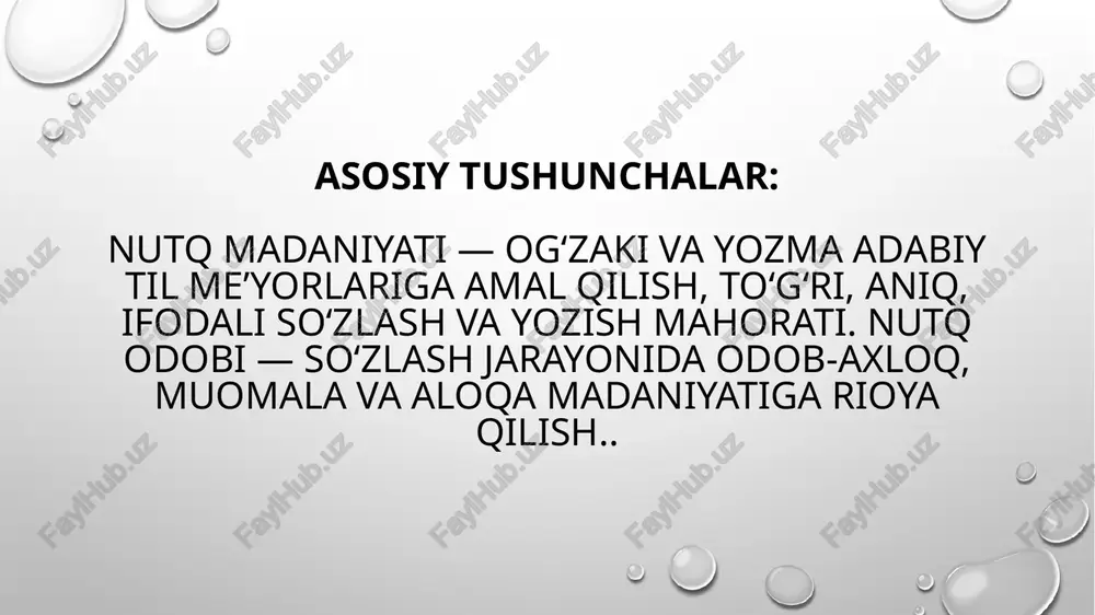 p tuzilishining to‘g‘riligi. uslubiy me’yor — fikrni vaziyatga mos ifodalash. adabiy tilni mukammal bilgan inson: nutqda xatolarga yo‘l qo‘ymaydi; fikrini mantiqan izchil ifoda etadi; tinglovchiga yoqimli, tushunarli nutq bilan murojaat qiladi. nutq madaniyatini shakllantirish va rivojlantirishda bir qator omillar muhim ahamiyat kasb etadi: ta’lim tizimi — maktab, litsey, kollej va oliygohlarda adabiy til me’yorlarini o‘rgatish, to‘g‘ri talaffuz, imlo va nutq uslublarini rivojlantirish orqali nutq madaniyatiga poydevor yaratiladi. oilaviy muhit — bola ilk so‘zlarini ota-onasidan o‘rganadi. shuning uchun oilada madaniyatli, toza so‘zlash muhitining mavjudligi muhim. ommaviy axborot vositalari — televizion va radio dasturlar, matbuot, internet saytlari toza tilni targ‘ib etish orqali nutq madaniyatining keng yoyilishiga xizmat qiladi. adabiyot va san’at — so‘z boyligini oshiradi, his-tuyg‘uni tarbiyalaydi, nutqning ifodaliligini kuchaytiradi. jamiyatning madaniy saviyasi — xalqning umumiy dunyoqarashi, axloqiy qadriyatlari va ma’naviy darajasi nutq madaniyatida o‘z aksini topadi. nutq madaniyati — insonning tafakkuri, his-tuyg‘usi va dunyoqarashini ifodalovchi eng muhim vositadir. u shaxsning nafaqat …