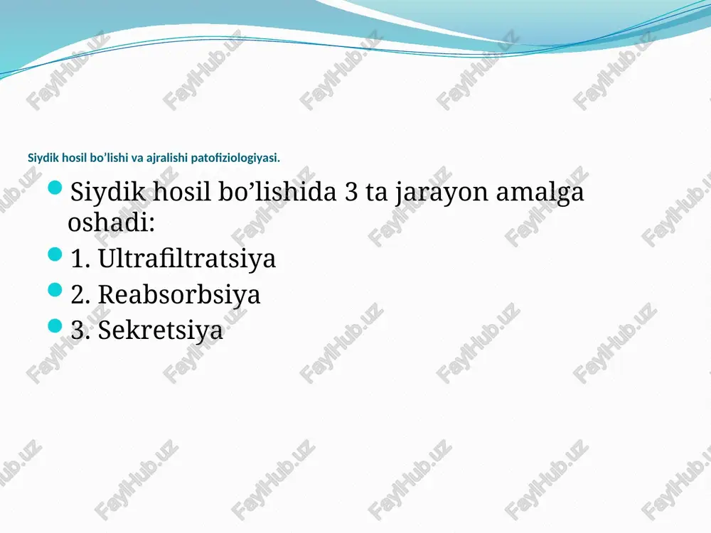 rda. anuriya – diurezning 10-15% ajralishi yoki umuman ajralmasligi. a) buyrakka bog’liq anuriya – buyrak shikastlanganda b) buyrakka bog’liq bo’lmagan (prerenol) qon bosimining ↓. v) buyrak osti renol – mojetoochning ezilishi g) reflector anuriya, masalan: og’riq hisobiga d) arenol anuriya – buyrak olib tashlanganda nikturiya – kechasi ko’p siyish. kuzatiladi – yurakning dekompensatsiya davriga o’tishi kerak. pollakluriya – oz-ozdan tez-tez siyish. kuzatiladi: siydik ajrayish yo’llari, siydik pufagi yallig’lanishlarida, piyelonefritlarda, siydik tosh kasalliklarida, prostatit, prostata adenomalarida. siydikning solishtirma ogirligi normada 1002-1035 gacha bo’ladi (ovqatlanish turiga va klimotga bog’liq bo’ladi). 1018-1020 atrofida bo’ladi. quyidagi turlari farq qilinadi: a) gipostenuriya – solishtirma og’irligi 1012-1014. bu buyrakning konsentratsiyalash hususiyatining buzilganligini bildiradi va kanalchalarning og’ir shikastlanishlarida kuzatiladi. b) izostenuriya – solishtirma og’irligi 1010-1012 atrofida bo’ladi va ajralayotgan siydik miqdoriga bog’liq bo’lmasdan sutka davomida solishtirma og’irlik deyarli bir hil bo’ladi. bunday holat asosan kanalchalarning distal qismi shikastlanishlarida, ya’ni tubulopatiyalarda kuzatiladi, shuningdek, surunkali glomerulonefritlarda, piyelonefritlarda bo’ladi. v) …