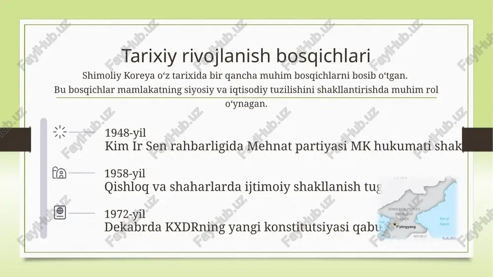 intaqaviy o'rtacha ko'rsatkichlardan ancha past. inflyatsiya darajasi shimoliy koreyada inflyatsiya darajasi 2013-yil iyul oyida 55% ni tashkil etdi. 2010-yildan 2013-yilgacha o'rtacha 551.36% ni tashkil etib, 2010-yil avgust oyida 4376.00% ga yetgan. 16 immigratsiya immigratsiya statistikasi shimoliy koreyaning immigratsiya statistikasi 2015-yilda 48 458 kishini tashkil etdi, bu 2010-yilga nisbatan 10.11% ga ko'p. immigratsiya 1995-yildan 2015-yilgacha barqaror o'sishni ko'rsatdi. foydalanilgan veb saytlar https://www.worldometers.info/world-population/north-korea-population/ https://en.wikipedia.org/wiki/economy_of_north_korea https://tradingeconomics.com/north-korea/indicators https://www.centralbanking.com/central-bank/central-bank-of-the-dpr-of-korea image5.png image6.png image7.jpeg image8.png image9.png image10.png image11.png image12.png image13.png image14.png image15.png image22.png image17.svg image23.png image19.svg image24.png image21.svg image25.png image26.png image27.png image28.png image29.png image30.png image31.png image32.svg image33.png image34.svg image35.png image36.svg image37.png image38.svg image39.png image40.jpg image41.png image42.png image43.png image44.png image45.png image46.png image47.png image48.png image49.png image50.png image51.png image3.png image4.png .msftofcthm_accent1_fill { fill:#cdd4bd; } .msftofcthm_accent1_fill { fill:#cdd4bd; } .msftofcthm_accent1_fill { fill:#cdd4bd; } .msftofcthm_accent5_lummod_60_lumoff_40_fill { fill:#e8ae7e; } .msftofcthm_accent5_lummod_60_lumoff_40_fill { fill:#e8ae7e; } .msftofcthm_accent5_lummod_60_lumoff_40_fill { fill:#e8ae7e; } .msftofcthm_accent5_lummod_60_lumoff_40_fill { fill:#e8ae7e; } /docprops/thumbnail.jpeg