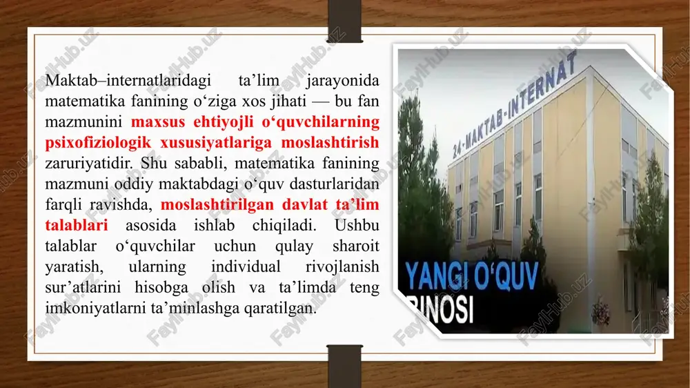 a’lim talablari asosida matematika fanini o‘qitish — bu oddiy o‘quv jarayonini soddalashtirish emas, balki har bir bola uchun shaxsiy o‘sish yo‘lini yaratishdir. samarali o‘qitishning asosi — o‘quvchilarning ehtiyojlarini to‘g‘ri aniqlash, ularni faol o‘quv jarayoniga jalb etish va ularning muvaffaqiyatini rag‘batlantirishdan iborat. natijada, maktab–internatlarda tahsil olayotgan o‘quvchilar matematika fanidan mustahkam bilim egallab, hayotda zarur bo‘lgan amaliy ko‘nikmalarga ega bo‘ladilar. 1-metodika: “sonlar va amallar” (1-sinf) mavzu: 1 dan 10 gacha bo‘lgan sonlar bilan tanishish, qo‘shish va ayirish amallarini bajarish. maqsad: o‘quvchilarda son tushunchasini shakllantirish; sanash, taqqoslash, qo‘shish va ayirish amallarini o‘rganish; kutilayotgan natijalar: o‘quvchi 1–10 gacha bo‘lgan sonlarni tanib oladi; oddiy amallarni (qo‘shish, ayirish) bajaradi; jihozlar: raqam kartochkalari, rangli tayoqchalar, magnetli doska, predmetli ko‘rgazmalar. darsning borishi: 1. tashkiliy qism (3 daqiqa): – salomlashish, darsga ijobiy ruhda tayyorlash. – “bugun nechanchi kun?” o‘yini orqali darsga kirish. 2. yangi mavzuni tushuntirish (10 daqiqa): – o‘qituvchi doskada raqamlarni navbat bilan ko‘rsatadi. – har bir raqamni …