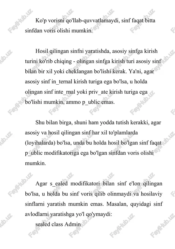 aqirishingiz kerak: public employee(string name, string company) : base(name) { company = company; } shu bilan bir qatorda, biz asosiy sinfda parametrsiz konstruktorni aniqlay olamiz: class person { // sinfning qolgan kodi //standart konstruktor public person() { firstname = "tom"; console.writeline("parametsiz konstruktorni chaqirish"); } } keyin asosiy sinfning konstruktoriga havola bo'lmagan har qanday hosil qilingan sinfning har qanday konstruktorida ushbu standart konstruktor hali ham yashirincha chaqiriladi. masalan, quyidagi konstruktor public employee(string company) { company = company; } aslida quyidagi konstruktorga teng bo'ladi: public employee(string company) :base() { company = company; } konstruktorga chaqirish tartibi sinf konstruktori chaqirilganda, avval asosiy sinflarning konstruktorlari qayta ishlanadi, shundan keyingina hosilaviy sinflarning konstruktorlari chaqiriladi. masalan, quyidagi sinflarga e`tibor bering: class person { string name; int age; public person(string name) { this.name = name; console.writeline("person(string name)"); } public person(string name, int age) : this(name) { this.age = age; console.writeline("person(string name, int age)"); } } class employee …