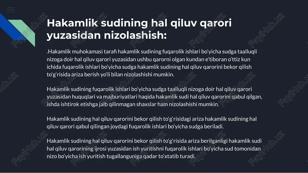 timi bilan qamrab olinadigan masalalar bo‘yicha xulosalarini bunday bitim bilan qamrab olinmaydigan masalalar bo‘yicha xulosalaridan ajratib olish mumkin bo‘lsa, hakamlik sudi hal qiluv qarorining faqat hakamlik bitimi bilan qamrab olinmaydigan masalalar bo‘yicha xulosalari bo‘lgan qismi bekor qilinishi mumkin; 3) hakamlik sudi tarkibining yoki hakamlik muhokamasining “hakamlik sudlari to‘g‘risida”gi o‘zbekiston respublikasi qonunining 14, 15, 16 va 25-moddalari qoidalariga muvofiq emasligini; 4) hakamlik sudining hal qiluv qarori “hakamlik sudlari to‘g‘risida”gi o‘zbekiston respublikasi qonuni 10-moddasining birinchi va uchinchi qismlari talablari buzilgan holda chiqarilganligini;5) hakamlik sudining hal qiluv qarori hakamlik muhokamasi taraflaridan qaysi biriga qarshi qabul qilingan bo‘lsa, o‘sha taraf hakamlik sudyalarini saylash (tayinlash) to‘g‘risida yoki hakamlik sudi majlisining vaqti va joyi haqida zarur tarzda xabardor qilinmaganligini hamda shu sababli u hakamlik sudiga o‘z tushuntirishlarini taqdim eta olmaganligini. agar hakamlik sudining hal qiluv qarori hakamlik bitimi haqiqiy emasligi oqibatida yoki hal qiluv qarori hakamlik bitimida nazarda tutilmagan yoki uning shartlariga to‘g‘ri kelmaydigan nizo bo‘yicha …