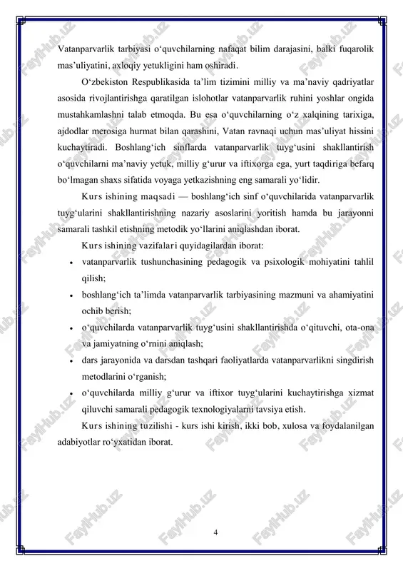 yosh xususiyatlari, psixologik holati, qiziqishlari hamda o‘quv jarayonining o‘ziga xos tomonlarini inobatga olgan holda tashkil etiladi. vatanparvarlik tushunchasi faqat shior yoki nazariy tushuncha bo‘lib qolmasligi kerak, balki u o‘quvchining har bir xatti-harakatida, fikrida va his-tuyg‘usida o‘z ifodasini topishi zarur. vatanparvarlik tarbiyasining mazmuni, avvalo, o‘quvchilarda o‘z yurtiga, xalqiga, bayrog‘iga, tiliga, tarixiga va madaniyatiga chuqur hurmat uyg‘otishdan iboratdir. bu yo‘nalishda o‘qituvchi o‘quvchilarga o‘zbekistonning go‘zal tabiati, buyuk shaxslari, tarixiy obidalari, istiqlol yutuqlari, xalqimizning mehnatsevarligi va bag‘rikengligi haqida darslarda, sinfdan tashqari tadbirlarda batafsil ma’lumotlar berib boradi. masalan, “o‘zbekiston — mening vatanim” mavzusidagi suhbat yoki sinf soati orqali o‘quvchilarda o‘z yurtiga mehr, faxr va g‘urur tuyg‘ularini uyg‘otish mumkin. shuningdek, tarixiy shaxslar hayotidan namunalar keltirish, ularga bag‘ishlangan badiiy asarlarni o‘qish yoki sahna ko‘rinishlari tashkil etish orqali o‘quvchilarning his-tuyg‘ularini yanada boyitish mumkin. boshlang‘ich ta’limda o‘qituvchi vatanparvarlik tarbiyasining yetakchi shaxsi hisoblanadi. u o‘z shaxsiy namunasi, nutqi, odobi, kiyinish madaniyati, 6 o‘quvchilarga bo‘lgan munosabati orqali ularda vatanga sadoqat, mehnatsevarlik, …