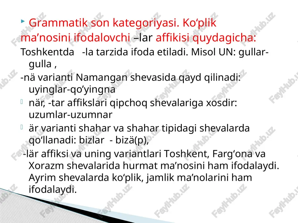 nt viloyati o‘zbek shevalarining, y. jumanazarov o‘g‘uz shevalarining sintaktik tizimini o‘rgangan. ta’kidlash joizki, har bir lahja, dialekt va shevaning o‘ziga xos sintaktik xususiyatlari to‘g‘risida fikr yuritish uchun tadqiqotlar hali yetarli emas. ushbu o‘rinda e’lon qilingan sheva materiallari asosida shevalarning ayrim sintaktik xususiyatlari keltiriladi. so‘z birikmalari. shevalarda so‘z birikmalarining barcha turlari qayd qilinadi. bitishuv: ...dəstəxɔndə yetm'sh x'l ɔvqət təyyɔr bopt' ~…dästäxāndä jetmiš xil āvqat tajjār bopti (toshkent). boshqaruvli : non chiqardi(noni chiqardi ,nondan chiqardi ) moslashuv: gullarning guli –nargiz shevalardan yozib olingan so’zlada turkiy izofalar keng qo‘llangan: sheva matnlarida ko‘proq sodda gaplar qo‘llangan. shunday bo‘lsa-da, sodda gaplarni har doim ham chegaralab olish qiyin. sheva matnlarida, ayniqsa, gap bo‘laklari inversiyasi ko‘p qayd qilinadi: 1 bir kün biz kellik hasan žajїγa . 2 soηra men otїrdїm čäj ičip matnlarda ko‘chirma gaplar faol qo‘llangan matnlarda qo‘llangan qo‘shma gaplar murakkab xarakterga ega emas; bir kuni tor(t) kiši tuzā: qojip otirišgänäkän, tuzā:gä bir kāttä läjlä:(k) ilinipti …