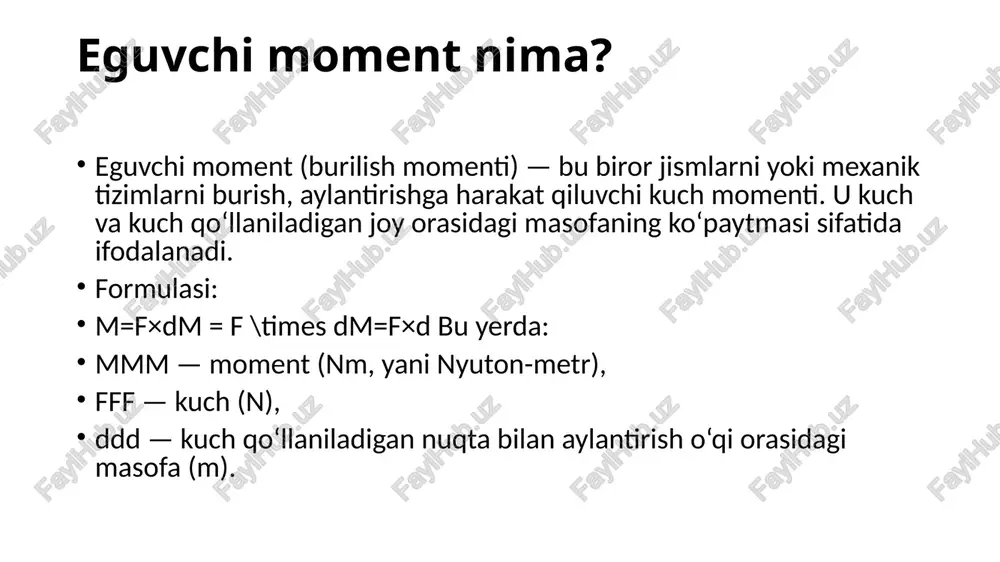 tushuncha belgilanishi ta'rifi bo‘ylama kuch nnn tayoq bo‘ylab yo‘nalgan kuch (cho‘zish yoki siqish) ko‘ndalang kuch qqq tayoq kesimiga perpendikulyar kuch (sirpanishga olib keladi) egilish momenti mmm tayoqni egishga olib keluvchi ichki moment diagrammalarni chizish bosqichlari quyidagi bosqichlar istalgan strukturaviy element (nur, ramka, truss) uchun umumiydir. 1-bosqich: konstruktsiyani chizing nur (yoki struktura) shakli va o‘lchamini chizing. yuklamalarni (kuchlar, momentlar, tarqalgan yuklar) ko‘rsating. tayanchlar (sharnir, rulman, mustahkam) ni chizing. 2-bosqich: tayanch reaktsiyalarini hisoblang bu bosqichda siz strukturani statik jihatdan tahlil qilasiz. asosiy statika tenglamalari: ∑fx=0(gorizontal kuchlar)\sum f_x = 0 \quad (\text{gorizontal kuchlar})∑fx​=0(gorizontal kuchlar) ∑fy=0(vertikal kuchlar)\sum f_y = 0 \quad (\text{vertikal kuchlar})∑fy​=0(vertikal kuchlar) ∑m=0(momentlar)\sum m = 0 \quad (\text{momentlar})∑m=0(momentlar) 3-bosqich: kesimlar oling 3-bosqich: kesimlar oling strukturani 1 yoki bir nechta nuqtalarda "kesasiz". har bir kesma uchun: ichki kuchlar nnn, qqq, va mmm ni topasiz. har bir qismda alohida tenglamalar tuziladi. xulosa bo‘ylama kuchlar (n) elementni cho‘zadi yoki siqadi. ko‘ndalang kuchlar (q) konstruktsiyani sirpantiradi, …
