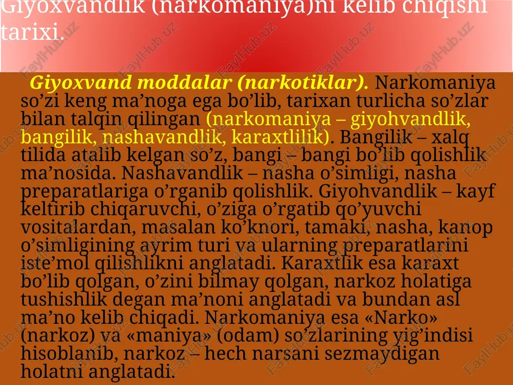 lanishiga sababchi bo’lgan omillar avvalo aytish mumkinki, narkotik moddalarga o’rganib, giyohvand bo’lib qolishlikning sabablari anchagina. masalan: 1) dastavval boshqalardan ko’rib shunga intilishlik; 2) kayf qilishilikka xavas bilan qarashlik; 3) biror boshqa atrofdagi kishilar yoki tengqurlarining ta’sirida birinchi bor o’zini sinab ko’rishlik; 4) guruhlarga qo’shilib qolishlik; 5) uning yomon oqibatlari haqida chuqur o’ylamaslik; 6) oiladagi ayrim nohushliklar; 7) tarbiyaning etarli darajada bo’lmasligi; 8) ijtimoiy va oilaviy qiyinchiliklar; 9) maktabdagi ayrim shaxslar — «do’stlar»ning ta’siri; 10) ishining yurishmaganligi; 11) ishqiy muhabbatdagi ko’ngilsizlik; 12) bekorchi vaqtning ko’pligi va boshqalar; 13) shaxsning o’ziga xos xususiyatlari; 14) oila va maktab tarbiyasining ahamiyati; 15) har narsaga intilish, orzu xavas va yangilikka, modaga intilish; 16) oilaviy va sotsial ta’minotning yuqori darajada bo’lishi; 17) ma’naviyat, ma’rifat va madaniyatdagi kimchiliklar; 18) inson irodasining etarli darajada emasligi; 19) va boshqa birqancha sabablar hamda salbiy ta’sirlar; ammo, xar qanday bo’lganda ham ushbu noto’g’ri yo’lga qadam bosishlikning boshlang’ich sababi shaxsning irodasini bo’shligi, …