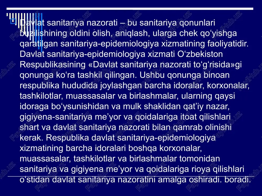 ishi kerak. masalan, yashash xonalarining mikroiqlimi yoki uning yoritilishiga doir gigiyenik me’yorlar tabiiy tekshirishlar asosida ishlab chiqilishi va tekshirish jarayonida tekshirilayotgan omilning turli sharoitlarda odam organizmining funksional holatiga ta’siri baholanishi kerak, masalan, (mikroiqlim uchun - issiqlikni boshqarilishi, yurak-tomir sistemasi, nafas olish organlari funksiyasi, yoritilganlik uchun - ko‘rish organi va markaziy nerv sistemasi funksiyasi). bunda tekshirilayotgan omilning shunday parametrlari gigiyenik me’yor qilib olinishi kerakki, u organizmning optimal funksional holatini ta’minlasin. aholining eng optimal suv iste’moli me’yorlarini o‘rnatish uchun aholining ko‘pchilik qismidan anketa so‘rovlar o‘tkazilib, keyinchalik turar-joylarning kommunal obodonlashtirilganligiga bog‘liq holda suv sarfi qiymatlari hisoblab topiladi. ayrim omillarni me’yorlashtirishda tabaqalashgan me’yorlashtirish prinsipi qo‘llanadi va bunda omilning yuqori, optimal va quyi darajalari o‘rnatiladi. shunday prinsip bo‘yicha, jumladan ishlab chiqarish xonalarining ruxsat etiladigan va optimal mikroiqlim qiymatlari va ichimlik suvi tarkibidagi ftorning ruxsat etiladigan miqdoriy chegarasi belgilangan va b.q. gigiyenik me’yorlardan farqli o‘laroq, gigiyenik reglamentlarni o‘rnatish, qoida bo‘yicha tabiiy sharoitda emas, balki tajriba (eksperiment) …