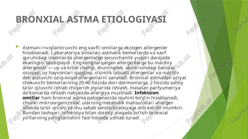 tishmovchiligi kabi asoratlar qoldirishi mumkin. beta-adrenostimulyatorlarning peredozirovkasi yoki glyukokortikosteroidlar dozasining keskin kamaytirilishi, shuningdek massiv allergen bilan aloqa qilish astmatik status (status asthmaticus)ga olib kelishi mumkin, bunda nafas qisilishi xurujlari birin-ketin yuzaga keladi va ularni to’xtatish uchun deyarli imkonsiz. astmatik status o’limga olib kelishi mumkin. bronxial astma alomatlari va belgilari nafas olish organlari sog’lig’ining mavsumiy yomonlashuvi. ekzemaning mavjudligi, anamnezdagi allergik kasalliklar. allergen bilan aloqada bo’lganda, dori-darmonlar qabul qilganda, tutun bilan aloqada bo’lganda, atrof-muhit harorati keskin o’zgarganida, o’tkir respirator kasalliklar davomida, jismoniy harakatlar va hissiy stressdan keyin simptomatikaning paydo bo’lishi yoki og’irlashishi. pastki nafas yo’llarida tez-tez uchraydigan shamollashlar. antigistamin va antiasmatik preparatlarni qabul qilganidan keyin umumiy holatning yaxshilanishi. bronxial astmani tashxislash tashxis odatda shikoyat va alomatlarga tayangan holda o’pka mutaxassisi (pulmonolog) tomonidan qo’yiladi. barcha boshqa tadqiqot usullari kasallikning og’irligi va etiologiyasini aniqlashga qaratilgan. spirometriya. bu, bronxial obstruktsiya darajasini baholash, uning o’zgarishi va tiklanishini aniqlash, shuningdek, tashxisni tasdiqlash uchun yordam beradi. astma nafas …