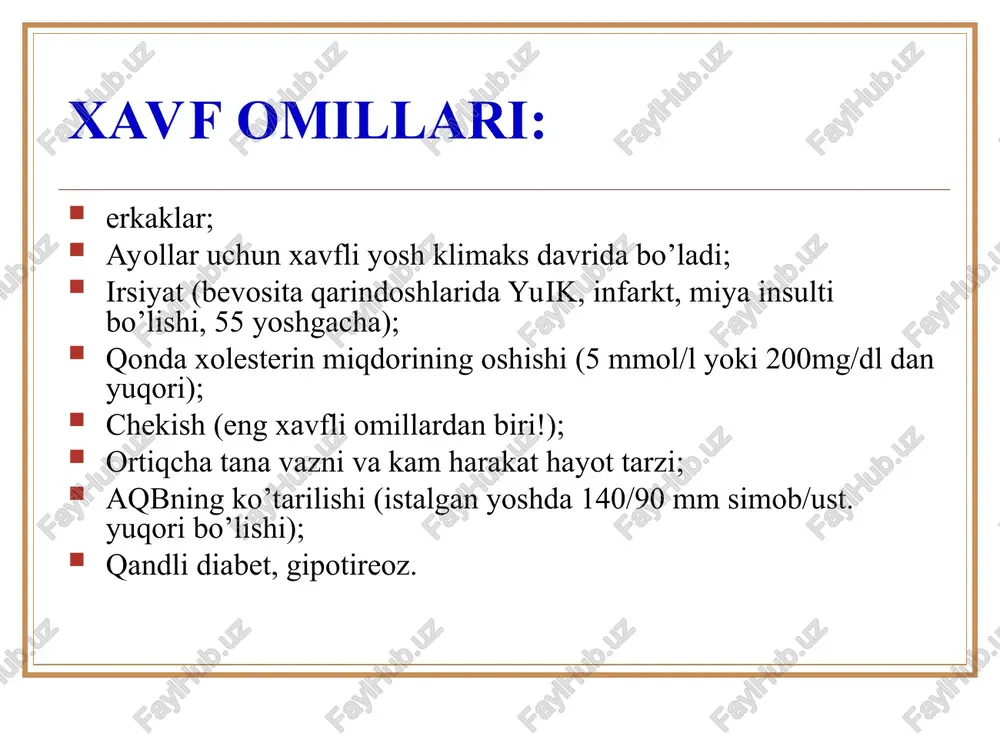 iq vaqt o’tgan bo’lsa, miokard infarktini labarator tasdiqlash uchun dinamikada ldg, ldg1 va asat, alat tekshirishlari olib boorish kerak. miokard infarktida ekg utt zo’riqishgacha zo’riqishdan so’ng normada koronarografiya koronar arteriyalar aterosklerozining angiografik ko’rinishi aorto-koronar shuntlash translyuminal teri orqali ballonli angioplastika transmiokardial lazerli revaskulyarizatsiya e’tiboringiz uchun rahmat!