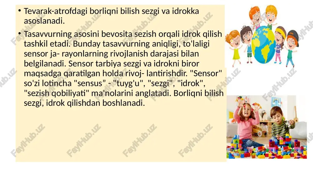 arakatlardan, etalonlar sistemasidan amaliymashg’ulotda va bilish jarayonida mustaqil foydalanish malakasini shakllantirish. sensor tarbiyaning mazmuni o‘z ichiga tevarak-atrofdagi hamma sensor belgilarni qamrab oladi. bular bolalarning hammamashg’ulotlari orqali amalga oshiriladi va har xil sensor asosga egadir. maktabgacha tarbiya yoshidagi bola ranglarni farq qilishi va ularning nomini aytishga o‘rgatiladi, ularda rang tuslari haqida, bo‘yoqlarni aralashtirish natijasida yangi rang yoki tuslar paydo bo‘lishi to‘g‘risidatasavvur hosil bo‘ladi, shuningdek ularda musiqa tinglash o‘quvi ham sensor tarbiya mazmuniga kiradi. sensor tsrbiya, shuningdek taktik sezgilarni, buyumlarning sifatini paypaslab ko‘rish farqlash va ularni to‘g‘ri aytish (silliq, mayin, dag‘al, yumshoq, og‘ir, yengil, sovuq, issiq v. x. k.) ko‘nikmalarni rivojlantirish sensor tarbiyaga kiradi. bolalar sekin-asta vaqni tushuna boshlaydilar hamda vaqt tushunchasini o‘zlashtiradilar, vaqtning ketma-ketligi va davomiyligini anglaydilar. dastlab bolaning ”kecha”, ”bugun”, ”ertaga" tushunchalarining nisbiyligini, vaqtning davomiyligini (bir daqiqa, besh daqiqa, lsoat) tusunib olishi qiyin bo‘ladi. bunga tajribaning to‘planib borishi va biror maqsadga qaratilgan ta’lim natijasida erishiladi. yuqorida aytilganlarga xulosa qilib sensor …