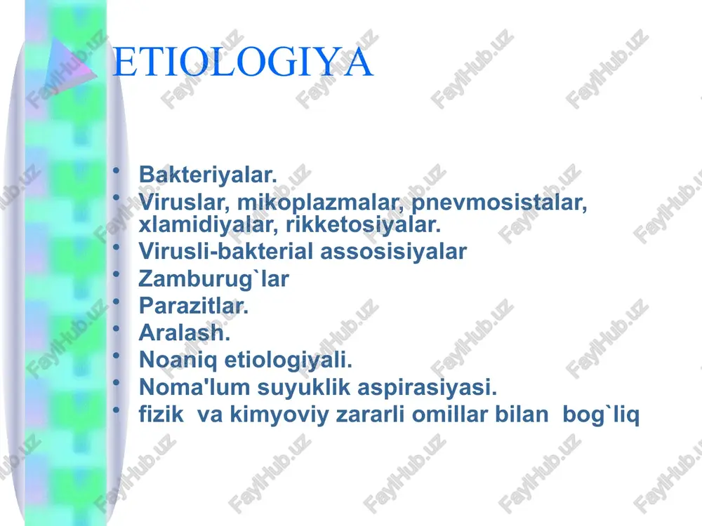 li, mikoplazmali, leginellez, pnevmosistali, xlamidiyli, rikketosioz. virusli-bakterial zamburug`li parazitar. aralash. noaniq etiologiyali. noma'lum suyukliq aspirasiyasi. fizik va kimyoviy zararli omillar bilan bog`liq patogenezga bo`yicha: 1. birlamchi. 2. ikkilamchi. kliniko-morfologik belgilariga ko`ra: 1. plevropnevmoniya (krupoz). 2. bronxopnevmoniya. tarkalganligi bo`yicha: 1. subsegmentar. 2. segmentar. 3. bo`lakli. 4. bir tomonlama. 5. ikki tomonlama. og`irlik darajasiga ko`ra: 1. yengil. 2. o`rtacha og`irlikda 3. og`ir. kechishi bo`yicha 1. utkir. 2. cho`ziluvchan. 3. abortiv. : asoratlariga ko’ra (eng ko`p uchraydigan) 1. infeksion-toksik shok. 2. ekssudativ plevrit. 3. distress-sindrom. 4. tomir ichida qon ivishi. 5. infeksion destruksiya. 6. perikardit. 7. infeksion-allergik miokardit. 8. bronxospastik sindrom. 9. o`tkir nafas yetishmovchiligi. differensial diagnoz o`p ka sili o`pka infarkti markaziy rak, bronxlar adenomasi eozinofilli infiltrat o`pka shishi belgilari tipik bakterial pnevmoniya ko`zqatuvchi pnevmokokk, streptokokk, stafilokokk, gemofil tayoqcha, klebsiella va boshq. shikoyatlari isitma, qaltirash, balg`amli yo`tal, yiringli yoki «zangsimon» balg`am, plevral og`riq, hansirash ko`zdan kechirish hansirash, sianoz, perkutor tovush qisqarishi, bronxial …