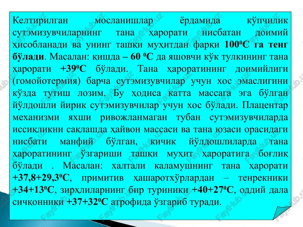 m o'ziga xos bo'lib, ko'krak qafasini qorin bo'shlig'idan ajratib turadi. diafragmani faqat qizilo'ngach teshib o'tadi. suv muhitida yashovchi sutemizuvchilardan, kitsimonlarda ko'pgina muskullari (yurak, skelet muskullari) organizmda kislorod zahirasini (zapasini) ta'minlovchi mioglobin ko'p miqdorda bo'ladi, natijada bunday darrandalar suv ostida uzoq vaqt qolishini ta'minlaydi. sutemizuvchilar skeleti ham quruqlikda yashaydigan boshqa to'rtoyoqli umurtqali hayvonlar skeletiga o'xshash bosh skeleti, umurtqa pog'onasi, ko'krak qafasi, oldingi va orqa oyoqlari hamda ular kamarlari skeletidan iborat bo'ladi skeleti 1-bo'yin umurtqalari, 2- ko'krak umurtqalari, 3-bel umurtqalari, 4-dumg'aza umurtqalari, 5-dum umurtqalari, 6-qovurg'alar, 7-to'sh suyagi dastasi, 8-kurak suyagi, 9-kurakning akromial o'simtasi, 10-kurakning korakoid o'simtasi, 11-nomsiz suyakning yonbosh bo'limi, 12- nomsiz suyakning quymich bo'limi, 13- nomsiz suyakning qov bo'limi, 14-berkituvchi teshik, 15-elka suyagi, 16- tirsak suyagi, 17- bilak suyagi, 18-bilaguzuk suyaklari, 19-kaft suyaklari, 20-son suyagi, 21-tizza qopqog'i, 22-katta boldir suyagi, 23-kichik boldir suyagi, 24-tovon suyagi, 25-to'piq suyagi, 26-oyoq kaft suyaklari. sutemizuvchilarning bosh skeleti to'la suyaklashgan. ayrim suyaklar bir-biri bilan umrbod saqlanib …