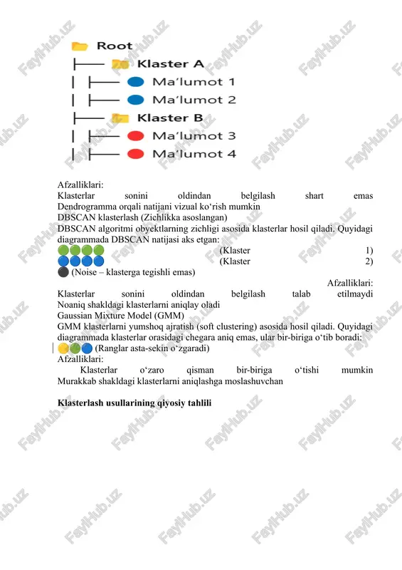 terlash usullarining umumiy afzalliklari ma’lumotlarni avtomatik guruhlash klasterlash algoritmlari nazoratsiz o‘rganish usullari bo‘lib, ular oldindan belgilangan yorliqlarsiz (label) ma’lumotlarni guruhlashi mumkin. bu katta hajmdagi tasniflanmagan ma’lumotlarni tuzilgan shaklga keltirish uchun foydalidir. ma’lumotlar tahlili va tushunishni yaxshilash klasterlash ma’lumotlarning ichki tuzilishini vizualizatsiya qilish va muhim tendensiyalarni aniqlash imkonini beradi. masalan, marketing sohasida iste’molchilar segmentatsiyasini amalga oshirish mumkin. ma’lumotlar siqish (data compression) klasterlash yordamida o‘xshash ma’lumotlar bitta umumiy vakil orqali ifodalansa, ma’lumot hajmini kamaytirish mumkin. bu ma’lumotlarni samarali saqlash va qayta ishlash imkonini beradi. anomaliyalarni aniqlash klasterlash normal va anomaliyalar (outliers) orasidagi farqni aniqlashga yordam beradi. dbscan kabi zichlikka asoslangan usullar firibgarlikni aniqlash, hujumlarni aniqlash, sensor ma’lumotlarida xatolarni topish uchun qo‘llaniladi. moslashuvchanlik va ko‘p sohalarda qo‘llanilishi klasterlash biologiya, biznes, geologiya, kompyuter fanlari va boshqa ko‘plab sohalarda muvaffaqiyatli qo‘llaniladi. dori vositalarini tadqiq qilish, tibbiy tashxis qo‘yish, internetdagi ma’lumotlarni filtrlash kabi ko‘plab sohalarda ishlatiladi. klasterlash usullarining umumiy kamchiliklari klaster sonini oldindan aniqlash zarurati k-means, …