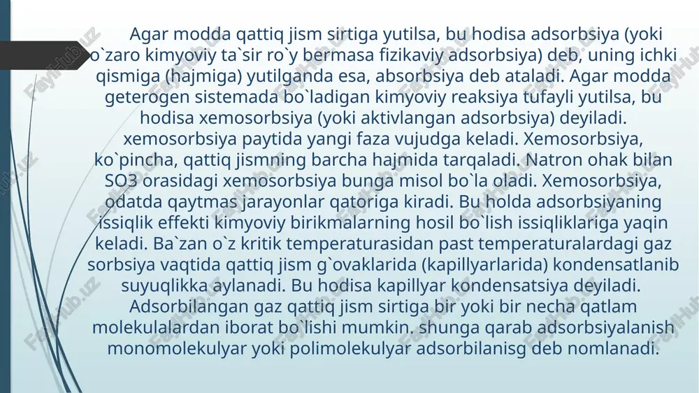 a o – sirtning moleuklalari bilan band bulgan uismi. bolptsman konstantasi: differentsial entropiya: uattiu jism sirtida gazning adsorblanishini miudor jixatdan xarakterlash uchun yo gaz bosimining kamayishi yoki adsorbent massasining ortishi ulchanadi. adsorbentning sirt birligiga (1m2 ga) yutilgan moddaning molp xisobidagi miudori solishtirma adsorbtsiya deyiladi. solishtirma adsorbtsiyani topish uchun adsorbtsion muvozanat vautida yutilgan modda miudorini (molp xisobida) adsorbent sirtiga bulish kerak: bu erda g – solishtirma adsorbtsiya; x – yutilgan modda miudori; adsorbent sirti. lekin uattiu govak adsorbentlarning (kumir, silikagelp va xokazolarning) sirtini ulchash juda uiyn bulgan uchun amalda solishtirma adsorbiyani topishda yutilgan modda miudori adsorbent massasiga bulinadi: bu erda x yutilgan moddaning gramm xisobidagi massasi; adsorbentning gramm xisobida olingan massasi. xar qanday adsorbent maolum (uziga xos) miudordan ortiu moddani yuta olmaydi. moddaning sirt birligiga (1m2ga) yutilish mumkin bulgan eng kup miudori masimal solishtirma adsorbtsiya deyiladi, g bilan belgilanadi. uattiu jismlardan buladigan adsorbtsiya xodisasini tekshirish natijasida kutblangan adsorbentlar kutblangan moddalarni va …