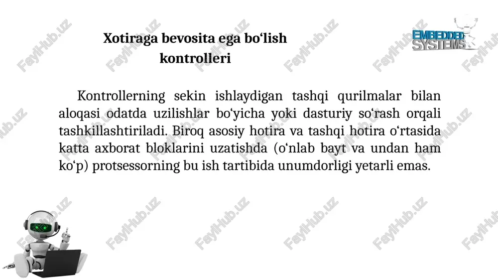 joylashtirilishi kerak bo‘ladi. bundek interfeyslarga turli talablar qo‘yiladi, u ularni kontrollerini quvvatlashi kerak. ketma-ket va parallel uzatish interfeyslari parallel uzatish – bir vaqtning o‘zida bir nechta bitlarni uzatish. ketma-ket uzatish – ma’lumotlar bir bitdan uzatiladi. ketma-ket uzatish turlari: simpleks – faqat bir yo‘nalishda uzatish. yarim-dupleks – navbatma-navbat uzatish va qabul qilish. dupleks – bir vaqtning o‘zida uzatish va qabul qilish. protsessorning takt chastotasi aniqlab beruvchi doimiy (o‘zgarmas) vaqt oraliqlari bilan xuddi uziliksiz oqim kabi bajariladigan ketma-ket uzatish sinxron uzatish deb ataladi, doimiy bo’lmagan vaqt oralig’ida bajarilishi - asinxronli uzatish deb ataladi. ketma-ket interfeyslarning kontrollerlari quyidagi masalalarni bajarish uchun mo‘ljallangan: o’rnatilgan tizimlarni yuqori bosqichdagi boshqarish tizimlari bilan bog’lash: sanoat yoki ofis kompyuteri, dasturlanuvchi kontroller bilan. bu maqsadlar uchun ko‘pincha rs-232c, rs-422, usb, irda interfeyslari ishlatiladi; mikrokontrollerga nisbattan tashqi bo’lgan tashqi mikrosxemalar bilan (eeprom xotir, real vaqt soati (rtc), shuningdek ketma-ket raqamli chiqishli turli datchiklar) bog‘lash. ko‘pincha spi, i2c, micro wire, ulan …
