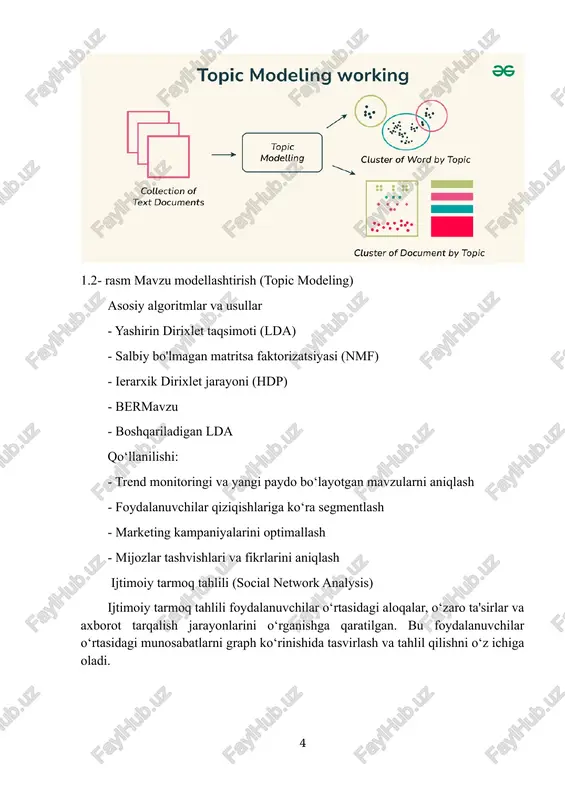 ‘qitish modellari yaratiladi va o‘qitiladi. bu jarayon quyidagi bosqichlarni o‘z ichiga oladi: 1. model arxitekturasini tanlash: - masalaning turiga qarab (klassifikatsiya, regressiya, klasterlash) tegishli algoritmni tanlash - model murakkabligini masala va mavjud ma'lumotlar hajmiga moslashtirish 2. modelni o‘qitish: - ma'lumotlarni train va test qismlarga ajratish - cross-validation usullaridan foydalanish - giper-parametrlarni optimallash (grid search, random search, bayesian optimization) - transfer learning usullarini qo‘llash (bert, vgg, resnet kabi oldindan o‘qitilgan modellardan foydalanish) modelni baholash: - tegishli metrikalarga ko‘ra modelni baholash (accuracy, precision, recall, f1-score, auc-roc) - xatoliklarni tahlil qilish va modelni takomillashtirish modelni joriy etish va monitoring tayyorlangan modelni real foydalanish uchun joriy etish quyidagi bosqichlarni o‘z ichiga oladi: 1. modelni ishlab chiqarish muhitiga o‘tkazish: - model xizmatlarini yaratish (api, microservices) - skalabirlik va unumdorlikni ta'minlash - xavfsizlik choralarini ko‘rish 2. real vaqt rejimida monitoring: - model ishlashini nazorat qilish - model aniqligi va samaradorligini kuzatish - drift deteksiyasi - vaqt …