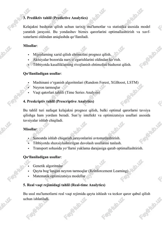 tarmoqlar 2)nazoratsiz o‘rganish (unsupervised learning) · ma’lumotlar to‘plami yorliqlanmagan bo‘lib, model o‘zi naqshlarni topadi. · misollar: · mijozlarni xarid qilish odatlariga qarab segmentatsiya qilish. · sanoat monitoringida anomal ish faoliyatini aniqlash. · algoritmlar: · k-means klasterlash · dbscan · o‘z-o‘zini kodlovchi neyron tarmoqlar (autoencoders) 3)mustahkamlash orqali o‘rganish (reinforcement learning, rl) · model o‘z qarorlarini baholovchi tizim orqali mustaqil ravishda yaxshilanadi. · misollar: · avtonom avtomobillar boshqaruvi. · robototexnika va video o‘yinlar strategiyalari. · algoritmlar: · q-learning · deep q networks (dqn) · proximal policy optimization (ppo) 2. sun’iy intellekt (artificial intelligence, ai) va chuqur o‘rganish (deep learning, dl) sun’iy intellekt – bu odamlarning fikrlash qobiliyatini taqlid qiluvchi tizimlar va dasturlar majmuasi. ai ning eng rivojlangan yo‘nalishlaridan biri chuqur o‘rganish (deep learning, dl) hisoblanadi. chuqur o‘rganish va neyron tarmoqlar chuqur o‘rganish sun’iy neyron tarmoqlar (artificial neural networks, ann) asosida ishlaydi. ular murakkab naqshlarni o‘rganishga va ularga asoslangan bashoratlarni amalga oshirishga qodir. …