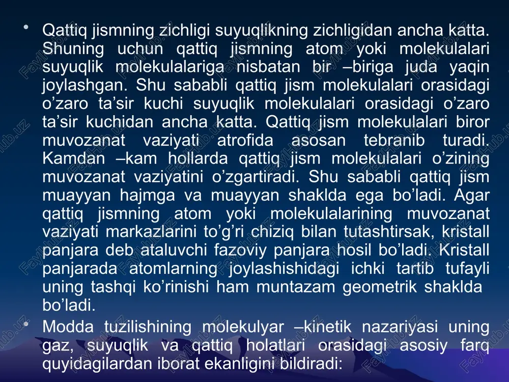 ngayish koeffitsenti va boshqa fizik xossalari turli yo’nalishlarda har xil bo’ladi. kristall jismlarga bir tekisda issiqlik berilsa uning holati quyidagicha o’zgaradi va buni quyidagi holat diagrammasida ko’rish mumkin. jismning harorati aniq bir qiymatga yetganda u qattiq holatdan suyuq xolatga o’ta boshlaydi va bu haroratga qattiq jismning erish harorati deyiladi. 1. charles e. thomas process technology equipment end sustems, 4th yedition, cengage learning stamford usa, 2015. 2. n.r. yusufbekov. h.s. nurmuxammedov. s.g. zokirov. kimyoviy texnologiya asosiy texnologik jarayonlari. –t. “sharq” 2015. 838 b. 3. anshteyn v.g. protsessi i apparati ximicheskoy texnologii uchebnik v 2-xkn spb: ebs lan 2019, -916s 4.ponikarov i.i. ponikarov s.i. rachkovskiy s.v, raschet mashin i apparatov ximicheskiy proizvodstov i nefti pererabotki. uchebnoye posobiye 4 –ye izd. ster spb: ebs lan. 2020-216s. 5. smirnov n.n. albom tipovoy ximicheskoy apparaturi (prinsipialniye sxemi appratov). uchebnoye posobiye. spb.: ebs lan, 2019. 68 s image1.png image2.png image3.jpeg image4.jpeg image5.png image6.png image7.jpeg image8.jpeg image9.jpeg