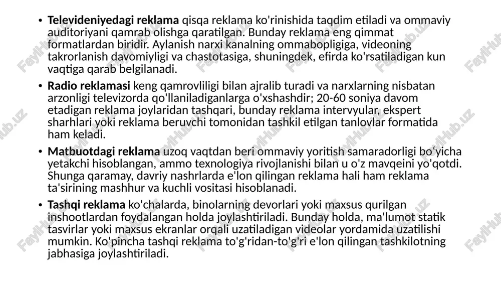 mavjud bo‘lgan taklifni ko‘proq realizatsiya qilishga yordam beradi. raqobatbardosh reklama siyosati ishlab chiqaruvchilarning ishlab chiqarish hajmini oshirishga sabab bo‘ladi. bozor balansi reklama orqali saqlanadi: agar talab ortsa va ishlab chiqaruvchilar bunga munosib javob bersa, taklif ham o‘sadi. xulosa reklama zamonaviy iqtisodiyotda eng muhim vositalardan biri bo‘lib, u orqali korxonalar o‘z mahsulotlarini targ‘ib qiladi, talabni oshiradi va shu orqali ishlab chiqarishni rag‘batlantiradi. taklif esa ishlab chiqaruvchilar tomonidan bozorda taqdim etilayotgan mahsulot miqdorini ifodalaydi va unga ko‘plab ichki va tashqi omillar ta’sir ko‘rsatadi. reklama, talab va taklif o‘rtasidagi muvozanat iqtisodiy barqarorlik uchun muhim omillardandir. foydalanilgan adabiyotlar ro‘yxati moliya va iqtisod asoslari. o‘zbekiston respublikasi oliy va o‘rta maxsus ta’lim vazirligi. kotler f. – marketing asoslari. toshkent, 2020. internet manbalari: www.marketing.uz www.stat.uz www.businessinfo.uz 4. oliy o‘quv yurtlari uchun darslik va o‘quv qo‘llanmalar. image1.png image2.png image3.png image4.png image5.png /docprops/thumbnail.jpeg