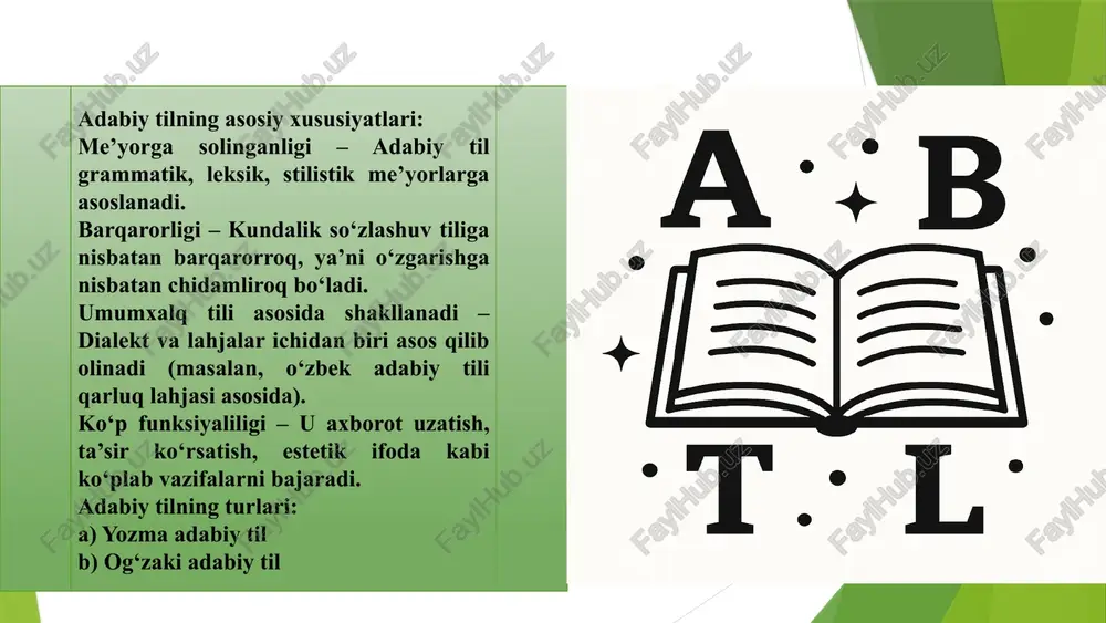 lakatlarda o‘rganiladi va qo‘llaniladi xalqaro tashkilotlar, ilm-fan, texnologiya, diplomatiya tili sifatida ishlatiladi lingua franca (umumiy aloqa tili) sifatida tan olingan eng keng tarqalgan xalqaro tillar: ingliz tili ispan tili fransuz tili arab tili sun’iy tillarning maqsadlariga ko‘ra turlari: xalqaro sun’iy tillar – universal aloqa uchun mo‘ljallangan (esperanto) falsafiy tillar – mantiqiy tizimga asoslangan (loglan, lojban) fantastik tillar – badiiy asarlar uchun yaratilgan (klingon – “star trek”, elfish – “lord of the rings”) ilmiy-eksperimental tillar – lingvistik tajriba uchun mashhur sun’iy til – esperanto: til nima sababli ijtimoiy hodisa hisoblanadi? til jamiyatda qanday vazifalarni bajaradi? tilning kommunikativ vazifasini izohlang. til va jamiyat o‘rtasidagi bog‘liqlikni tushuntiring. ijtimoiy muhit til rivojiga qanday ta’sir qiladi? til qanday qilib millat xotirasi hisoblanadi? til ijtimoiy tabaqalarga qanday moslashadi? jamiyatdagi o‘zgarishlar tilga qanday ta’sir qiladi? til orqali qanday ijtimoiy qadriyatlar uzatiladi? jamiyatning qaysi jihatlari tilga kuchli ta’sir qiladi? til qanday ijtimoiy belgi sifatida namoyon bo‘ladi? til milliy …