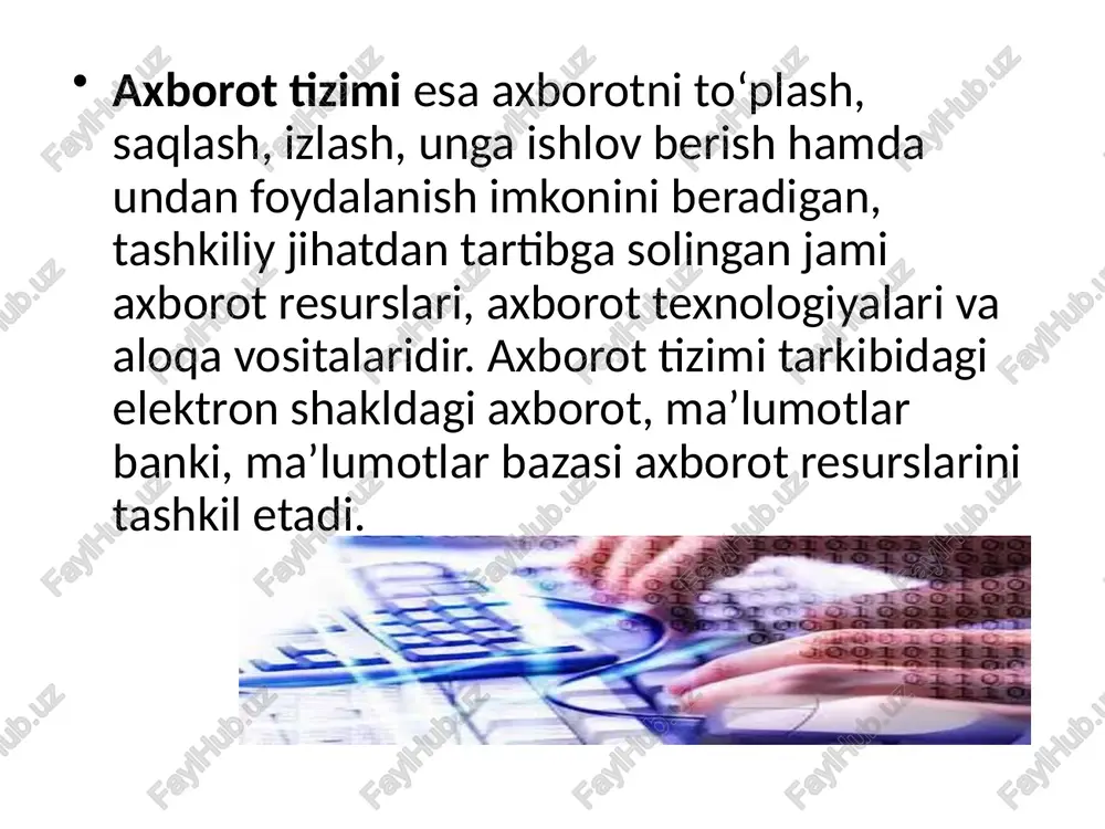 izimlarida mavjud bo'lgan ma'lumotlar ustida bajariladigan turli xil murakkablikdagi operatsiyalar, amallar va algoritmlarni bajarishdan iborat bo'lgan tartiblashtirilgan jarayondir. axborot texnologiyalari jamiyat axborot resurslaridan oqilona foydalanishning eng muhim usullaridan biri bo'lib, hozirgi vaqtga qadar bir necha evolyutsion bosqichlarni bosib o'tdi. ana shu bosqichlarga qisqacha to’xtalib o'tamiz. 1-bosqich. xix asrning ikkinchi yarmigacha davom etgan. bo' bosqichda "qo'llik" axborot texnologiya taraqqiy etgan. uning vositasi: pero, siyohdon, kitob. kommunikatsiya, ya'ni aloqa odamdan odamga yoki pochta orqali xat vositasida amalga oshirilgan. 2-bosqich. xix asrning oxiri, unda "mexanik" texnologiya rivoj topgan. uning asosiy vositasi yozuv mashinkasi, arifmometr kabilardan iborat. 3-bosqich. xx asr boshlariga mansub bo'lib, "elektromexanik" texnologiyalar bilan farq qiladi uning asosiy vositalari sifatida telegraf va telefonlardan foydalanilgan. bu bosqichda axborot texnologiyasining maqsadi ham o'zgardi. unda asosiy urg'u axborotni tasvirlash shaklidan, uning mazmunini shaqllantirishga ko'chirildi. 4-bosqich. xx asr o'rtalariga to'g'ri qelib, "elektron" texnologiyalar qo'llanilishi bilan belgilanadi. bu texnologiyalarning asosiy vositasi ehmlar va ular asosida tashkil etiladigan …