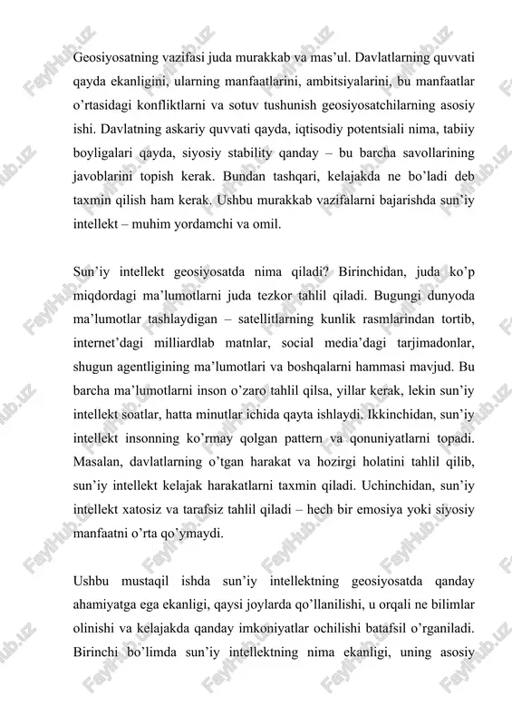 i. chuqur o’rganish (deep learning – dl) – mashinali o’rganishning yanada sophisitikatsiya shakli. u ayniyat tarmog’i (neural networks) yordamida o’rganadiyu, insan miyasiga o’xshash tuzilishga ega. biolog neuron (yani miyaning birlik) elektr signallar o’tkazadi. ayniyat tarmog’i ham shunda o’xshashday – neuronlar ma’lumotlarni o’tkazadi va o’rganadiyu, turli pattern taniyadi. natural language processing (nlp) – bu sun’iy intellektning matn va nutqni tushunuvchi shaxtisi. chatgpt shunday texnikaga asoslanadi – kompyuter matnlarni o’qib, tushunib, javob yozadi. computer vision – bu sun’iy intellektning rasmlarni va videolarni tushunuvchi shaxtisi. satellitlarning rasmlarini tahlil qilish, tosh (object) tanish – shuning uchun computer vision qo’llaniladi. sun’iy intellektning asosiy komponentlari nima? birinchisi, ma’lumotlar (data) – sun’iy intellektni o’rgattirish uchun juda ko’p miqdordagi to’g’ri ma’lumotlar kerak. masalan, haritalarni tanish uchun milyonlab haritalarni sun’iy intellektga ko’rsatish kerak, yoki yangli qishliq rasmlarini ko’rsatish kerak, shunda o’z-o’zini o’rganadiyu. agar ma’lumotlar xato bo’lsa, sun’iy intellekt xato natija beradi. ikkinchisi, algoritm – bu sun’iy intellektni o’rgantiradigan formulalar …