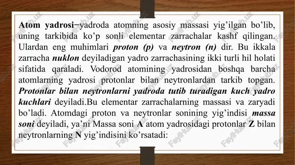 ing musbat zaryadlanganligi va d.i.mendeleevning kimyoviy elementlar jadvalidagi nomerini bildiradi. yadro zaryadi elektron qobiqni hosil qiluvchi elektronlarning manfiy zaryadi bilan neytrallanadi. uning hajmi yadronikidan yuz minglagan marta katta. shu bois atom va ionlar hajmi ularning elektron qobig`i, massasi esa aksincha yadro massasi bilan belgilanadi, ya'ni elektron massasi protonnikidan 1863 marta va neytronnikidan 1921 marta yengil. ayrim kimyoviy elementlarda yadrosidagi neytronlar soni har-xil bo`lishi mumkin. ushbu hol elementda turli atom massaga ega bo`lgan izotoplar mavjudligi bilan izohlanadi. izotoplar barqaror va radioaktiv bo`ladi. keyigisi o`z-o`zidan parchalanadi va α -, β -, ∂ radioaktiv nurlar chiqaradi. radioaktiv parchalanish qonuni no=nt* eλtyoki nt= no * e-λt tarzida ifodalanadi, bu erda no radioaktiv elementning dastlabki davrdagi nt –keyingi davrlaridagi yadrolarining soni t, λ –parchalanish konstantasi, e –natural logarifm asosidir. radioaktiv yadroga ega n manba radiatsion faolligi(a) a = n *λ ga teng va uning birligi bekkerel (bk), 1bk = 1 *s-1,ya'ni 1 sekunddagi parchalanish bilan …