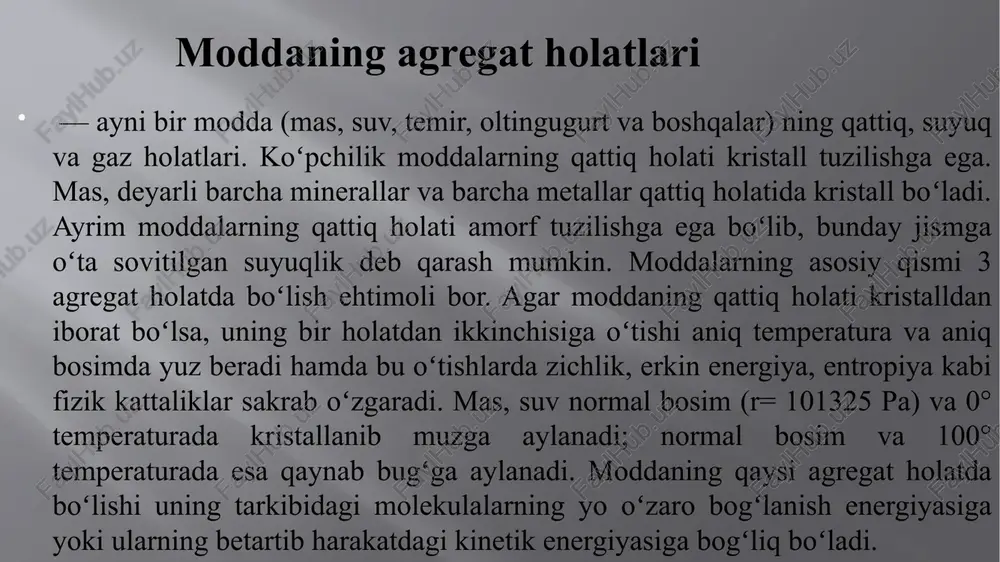 n (metan, etan, propan, butan) gazlardan amalda keng foydalaniladi neftni qayta ishlash gazlarni neftning termokrekingi yoki haydash mahsulotlarining katalitik krekingi, pirolizi hamda katalitik gidrogenlashdan hosil boʻladi. neftning tezlik krekingidan hosil boʻladigan gazlar tarkibi aynan olingan neft turiga, chuqur kimyoviy qayta ishlanganda esa jarayonlar olib borish usullari va sharoitlariga bogʻliq boʻladi neftni chuqur kimyoviy qayta ishlash jarayonida gazlar tarkibida toʻyinmagan gazlar ham hosil boʻladi. bu gazlar sanoatda organik va neft-kimyoviy sintezlarda yarim mahsulot yoki monomerlar sifatida koʻp qoʻllaniladi. respublikamizda koʻkdumaloq "neft-gazokondensat-gaz" konida yoʻlakay gazlardan foydalanish tajribadan oʻtmoqda. bu gazlar tarkibida metan — 89%, etan — 0,3%, propan — 0,2%, butanlar — 0,6%, g. kondensati — 6-7% va boshqa gazlar (n2, co2, h2s) - 1,2% boʻladi. gazlar sanoatda keng ishlatiladi suyukliklar suyukliklarda molekulalar bir-birlariga juda yaqin joylashganliklari tufayli, har bir molekula oʻzining atrofidagi qoʻshni molekulalar bilan oʻzaro taʼsirlashib turadi. bu molekulalar qandaydir vaqt oraligʻida oʻtroq holat deb ataluvchi holatdagi muvozanat vaziyat atrofida …
