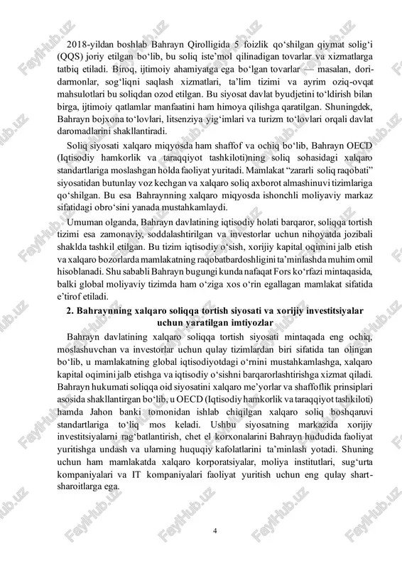 poratsiyalar, moliya institutlari, sug‘urta kompaniyalari va it kompaniyalari faoliyat yuritish uchun eng qulay shart- sharoitlarga ega. 5 bahrayn hukumati xorijiy investorlar uchun juda keng ko‘lamli soliq imtiyozlari va iqtisodiy erkinliklar yaratgan. eng avvalo, mamlakatda korporativ foyda solig‘i mavjud emas yoki nol foiz miqdorda qo‘llaniladi, bu esa xalqaro kompaniyalar uchun katta afzallikdir. shuningdek, jismoniy shaxslarning daromadiga soliq solinmaydi, bu bahraynni yaqin sharq mintaqasidagi eng kam soliq yukiga ega davlatlardan biriga aylantiradi. bunday siyosat xorijiy mutaxassislar, bankirlar, investorlar va it sohasidagi ishbilarmonlar uchun mamlakatni iqtisodiy jihatdan jozibador qiladi. xalqaro soliqqa tortish siyosatining yana bir muhim jihati — bu ikki tomonlama soliq solishdan qochish shartnomalarining keng tarmog‘idir. bahrayn bugungi kunda 40 dan ortiq davlatlar, jumladan, buyuk britaniya, fransiya, xitoy, rossiya, hindiston, saudiya arabistoni va o‘zbekiston respublikasi bilan shunday bitimlarni imzolagan. ushbu shartnomalar sarmoyadorlarga ikki davlatda bir vaqtning o‘zida soliq to‘lashdan himoya beradi, bu esa xalqaro biznesni yuritishda ishonch va barqarorlikni oshiradi. shuningdek, bahrayn …