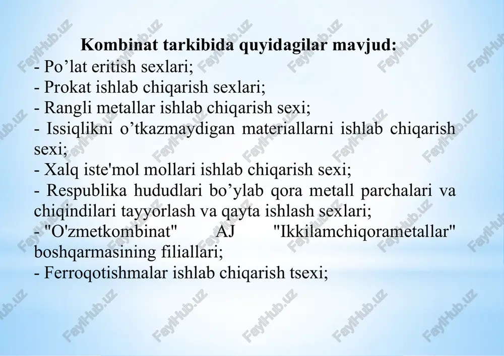 a sotish balansiga asosan amalga oshiriladi. investitsion dasturlar “o’zmetkombinat”ajning2018-2020yillarida rivojlanishdasturito`g`risida o’zbekiston respublikasi prezidentining 2018 yil 9 -yanvardagi “o’zmetkombinat”ajni 2018-2020 yillarda rivojlanish to`g`risidagipq-3468-sonli qarorini “o'zmetkombinat” ajning sanoat salohiyatini yanada barqaror o'sishini ta'minlash, yuqoriqiymatga ega bo'lgan eksportga yo'naltirilgan, raqobatbardosh mahsulotlarni ishlab chiqarishni oshirish, shuningdek respublikaning qora metallga talab oshib borayotgan ehtiyojini qondirish maqsadida quyidagi belgilangan loyihalar kiritilgan: -«o’zmetkombinat»ajtarkibidaferrosilitsiyishlab chiqarishnitashkillashtirish»loyihasibo'yicha loyihani amalga oshirish muddati–2015–2018yy. -“ferrosilikomarganetsishlabchiqarishni tashkillashtirish”loyihasibo’yicha loyihani amalga oshirish muddati–2016-2018yy. -“2-navliprokatsexidasimblokinio'rnatishbilan “300-stan”dakatankaishlabchiqarishnitashkiletish” loyihasibo’yicha loyihani amalga oshirish muddati–2016-2018yy. -“metallurgiyaasbob-uskunalariniyangilash modernizatsiyaqilish”loyihasibo`yicha loyihani amalga oshirish muddati–2017-2019yy. -“«o'zmetkombinat»ajjamiyatidaquyish- prokatlashmajmuasiqurilishibilanishlabchiqarish quvvatlarinikengaytirishvarekonstruksiya qilish“loyihasibo`yicha loyihani amalga oshirish muddati–2018-2020yy. 2018yilda«o’zmetkombinat»ajdaishlabchiqarish uchunko'zdatutilganimporto'rninibosuvchi mahsulotlarningro'yxati: ·katanka (ø 5,5-16mm)–30,0mingtonna; ·ferrosilitsiy (fc-65)–6,0mingtonna; ·ferrosilikomarganes (mnc-17)–2,0mingtonna. “2-navliprokatsexidasimblokinio`rnatishbilan“300- stan”dakatankaishlabchiqarishnitashkiletish” loyihasibo’yicha apreloyiningo'rtalaridamamlakatuchunyagona bo'lganpo'latsim(katanka)ishlabchiqarishniishga tushiradi.loyihaningumumiyqiymati$19,0mln dollardanoshiqbo`lib,xitoyning«capitalengineering& researchincorporationlimited»(xitoy)kompaniyasi asosiytexnologikasbob-uskunalarniyetkazibberadi. uningishgatushi
