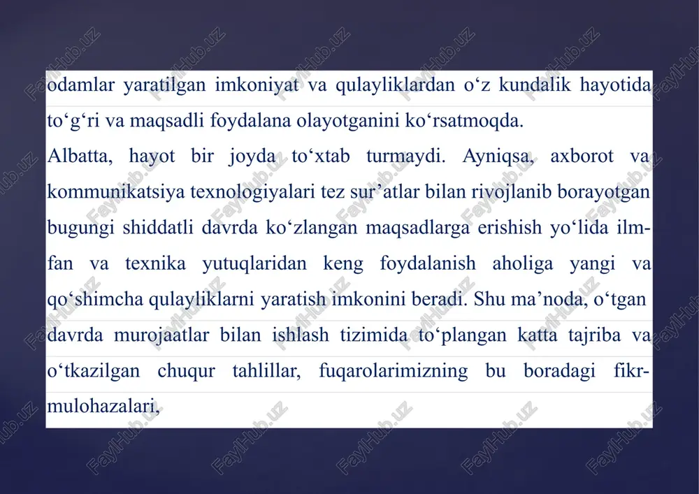 t va maslahat olish uchun ham murojaat yuborish holatlari ko‘p ekanini ko‘rsatmoqda. ular kerakli ma’lumotni olish uchun ma’lum muddat kutishiga to‘g‘ri kelgan, davlat organlari esa ayni bir mazmundagi javob talab qiluvchi ko‘p sonli murojaatlarga alohida javob yuborishga majbur bo‘layotgan edi. shu munosabat bilan fuqarolar murojaatlarini tahlil qilish natijasida ko‘p berilgan savollar aniqlab olinib, ularning javoblari oddiy va tushunarli tilda ifodalanib, maxsus bo‘limda jamlandi. bunda uy-joy, ijtimoiy himoya, tadbirkorlik va bank faoliyati, ishlab chiqarish, sertifikatlash va litsenziyalash, veterinariya xizmatlari, soliqlar va jarimalar, axborot texnologiyalari va kommunikatsiyalari, transportga oid va huquqiy masalalar, ta’lim, fan va madaniyat, mehnat va aholi bandligi, shuningdek, jamiyat hayotining boshqa turli masalalariga oid savollarga javoblar mavjud. kerakli savolga javobni kalit so‘zlar yordamida izlab topish imkoniyati ham yaratilgan. maxsus statistika moduli orqali qaysi savollarning javobi eng ko‘p o‘qilganini tahlil qilish mumkin. eng ko‘p tanishib chiqilgan mavzu avtomatik ravishda yuqori pog‘onaga ko‘tarilib boraveradi. yangi bo‘lim murojaatchini qiziqtirgan savol ko‘p beriladigan …