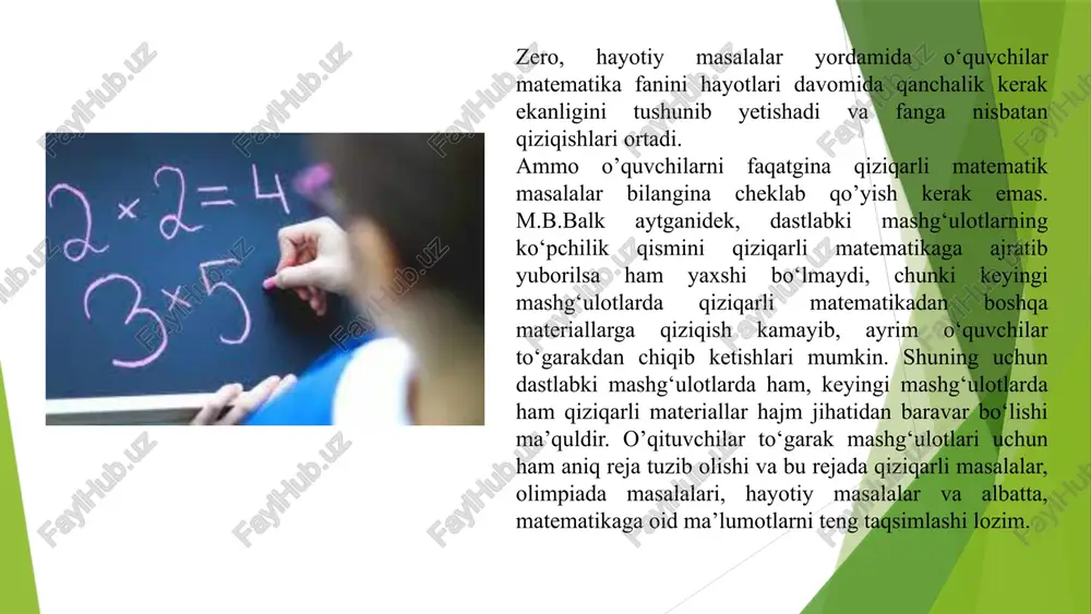 faollikni oshirishning samarali yo‘lidir. guruhli ishlarda ular bir-biridan o‘rganadi, fikr almashadi va jamoaviy qaror qabul qilishni o‘rganadi. to‘garakning ba'zi mashg'ulotlariga o‘quvchilarning ota-onalarini ham taklif qilish mumkin. matematik savollar va masalalalarning turli-tumanligiga qaramay kichik yoshdagi o‘quvchilar bilan o‘tkaziladigan to‘garak mashg'ulotlari mazmuni quyidagi asosiy talablarga javob berishi kerak: rejalashtiruvchi material dastur materiali bilan bog‘lanishga ega. bunda hisoblash amallari qaralayotgan sinf dasturi talablaridan ortib ketmaydi, hisoblashlar, masalalar yechish, geometrik shakllarni yasashlarga amaliyot bilan nazariya orasidagi bog'lanishi ta'minlanishi kerak. o‘rganilayotgan masalalar istiqbol maqsadlarga ega bo‘lishi, ya'ni o‘quvchilarni kelajakda o‘rganilishi nazarda tutilgan matematik masalalarni, masalan: to‘plam, funksional bog'lanish, algebraik simvolika, tenglamalar, grafiklar, ular yordamida arifmetik masalalarni yechish va hokazolarni o‘rganishda tayyorlanish maqsadlariga ega bo‘lishi mumkin. o‘rganiladigan masalalarning mazmuni qaralayotgan yoshdagi bolalarning kuchlari yetadigan, ularda matematikaga muhabbat va uni o‘rganishga qiziqish uyg'otadigan asosiy ta'lim va tarbiyaviy masalalarni hal qilish imkonini beradigan bo‘lishi kerak. raqamlar nimaga asoslangan? ulug' hind allomalari jahon madaniyatini yuksaltirishga salmoqli hissa qo‘shishgan. ularning …