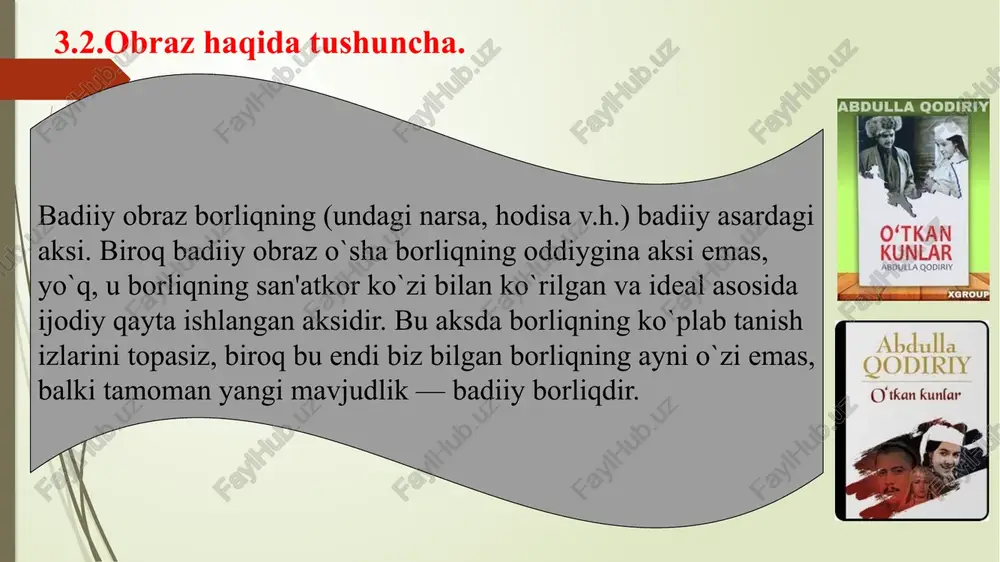 atlardan tasnif etiladi: 1) predmetlilik darajasiga ko`ra; 2) badiiy umumlashtirish darajasiga ko`ra; 3) ifoda va tasvir planlari munosabatiga ko`ra. obrazning predmetlilik darajasi deyilganda o`sha obraz tasvirlayotgan narsaning ko`lami nazarda tutiladi. bu jihatdan badiiy reallik to`rtta satxdan tarkib topadi: 1) detal obrazlar; 2) voqeahodisalar obrazi; 3) xarakter va sharoit; 4) dunyo va taqdir obrazi (badiiy reallik). umumlashtirish darajasiga ko`ra ham badiiy obrazning qator ko`rinishlari — individual obraz, xarakter, tipik obraz kabilar ajratiladi. biroq, aytish kerakki, ularning orasidagi farq doim ham yaqqol ko`zga tashlanavermaydi, ya'ni, bu xil bo`linishda muayyan darajada shartlilik saqlanib qoladi. individual obraz deyilganda o`zigagina xos bo`lgan fe'l-atvori, gap-so`zlari, betakror xarakter xususiyatlari bilan namoyon bo`luvchi obrazlar tushuniladi umumlashtirish darajasiga ko`ra yana badiiy obrazning motiv, topos, arxetip deb yuritiluvchi ko`rinishlari ham ajratiladi. motiv (motiv obraz) shakliy va mazmuniy jihatlardan muayyan turg`unlik kasb etgan, bir yoki bir necha ijodkorning asarlarida qaytarilib turishi bilan ularning ijodiy intilishlarini namoyon etib turuvchi obrazdir. masalan, cho`lpon …