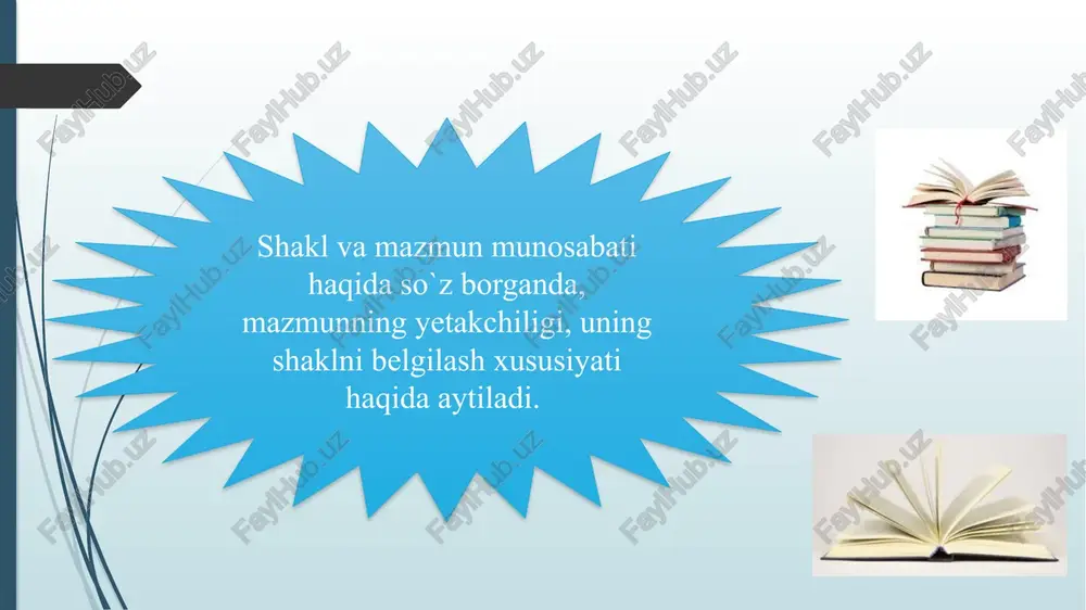 irib bering. 3. badiiy asar tahlilida ko`proq shaklga e'tibor beriladimi yo mazmungami? 4. badiiy asarning shakl va mazmun komponentlarini tasnif qilishdagi turlichalik nimadan deb o`ylaysiz? mavjud tasniflar sizning fikringiz qanday? 5. badiiy asar mazmuni obyektiv va subyektiv ibtidolardan tarkib topadi deyilganda nima nazarda tutiladi? buni konkret asar misolida tushuntirib berishga harakat qiling savollar: 1. boboev t. adabiyotshunoslik asoslari. - t.: o’zbekiston, 2000. 2. ulug‘ov a. adabiyotshunoslik nazariyasi. - t. : g‘afur g’ulom nomidagi nashriyot-matba ijodiy uyi. 2018. 3. quronov d. adabiyotshunoslik nazariyasi asoslari. - t.: akademnashr, 2018 asosiy adabiyotlar 19 image1.png image2.png image3.png image4.png image5.png image6.png image7.png image8.png image9.png image10.png image11.png image12.png image13.png image14.png image15.png image16.png image17.png image18.png image19.png image20.png image21.png image22.png image23.png /docprops/thumbnail.jpeg