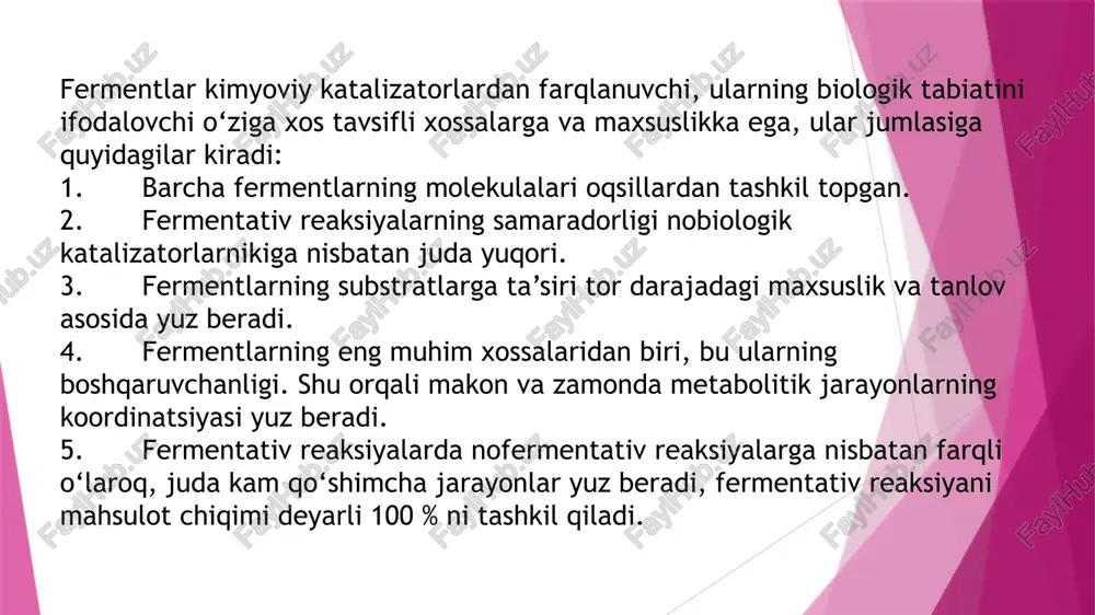 sa2+,mg2+, co2+, mo2+, fe2+ va boshqalar bajaradi. allosterik fermentlarning faollanishi ularning har xil organik birikmalar bilan o’zaro ta'siri natijasida amalga oshadi. allosterik effektor ko’pchilik hollarda kichik molekulali modda bo’lib, regulyator-ferment qatnashadigan biokimyoviy jarayonning oraliq yoki ohirgi mahsuloti hisoblanadi. fermentlarning ingibitorlari ingibitorlari bir necha xil bo’lib, ularning orasida konkurent va nokonkurent ingibitorlar muhim rol o’ynaydi. konkurent ingibitorlarning strukturasi substratning strukturasiga juda o’xshash, shuning uchun ham u substrat bilan fermentning faol markazidagi bog’lanish joyiga konkurentlik qiladi. bunday ingibitorlar substratning ortiqcha miqdori bilan siqib chiqariladi. nokonkurent ingibitorlar fermentning faol markazi bilan emas, balki ferment molekulasining boshqa bir muhim qismi (masalan, sh-guruhi) bilan, ya'ni oqsil molekulasining nativ konformatsiyasini ushlab turishga javobgar qismi bilan aloqa qiladi (bog’lanadi). fermentlar xalqaro namenklaturaga ko’ra quyidagi sinflarga bo’linadi: oksidoreduktazalar transferazalar gidrolazalar liazalar izomerazalar ligazalar (sintetazalar) oksidoreduktazalar – oksidlanish-qaytarilish reaktsiyalarini tezlashtiradi. reaktsiyalarning borish tarziga qarab quyidagi sinfchalarga farqlanadi: degidrogenazalar, oksidazalar, gidroksilaz va oksigenazalar. 1. oksireduktazalar ‒ bu fermentlar oksidlovchi-qaytaruvchi fermentlar …
