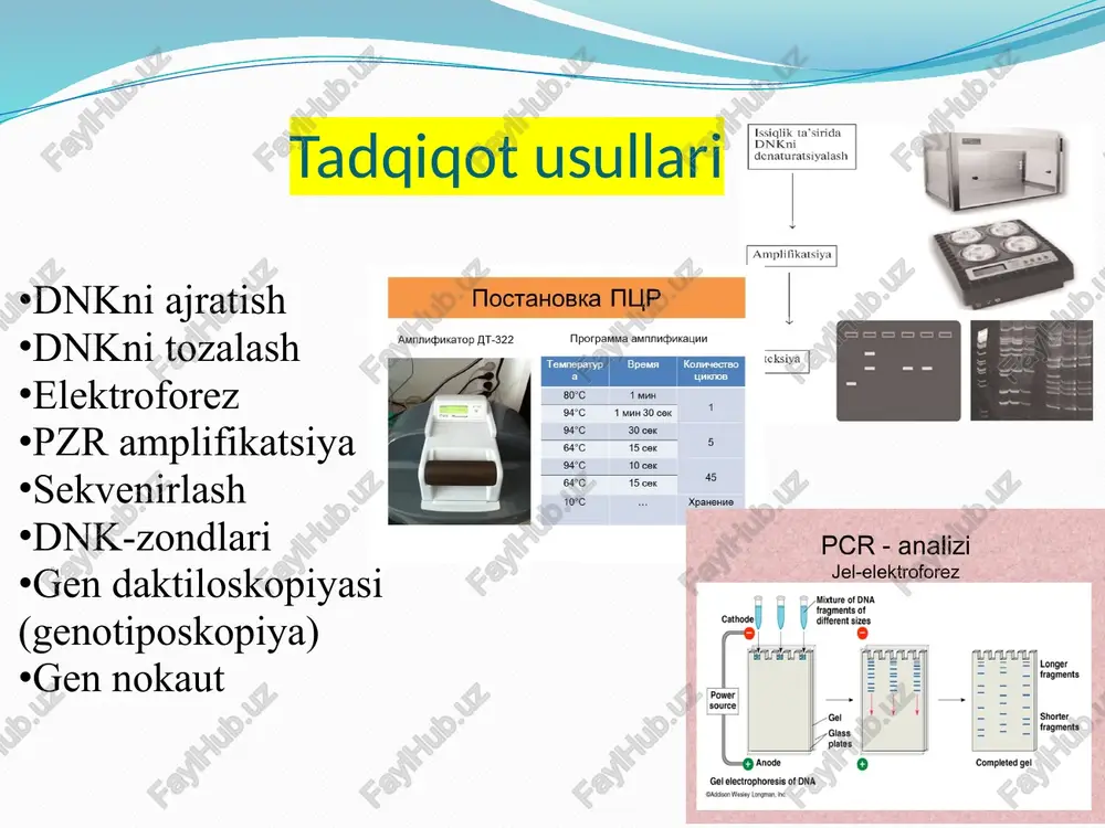 ko`chirish mumkin bo`lgan turlari) ishlatiladi. sovutgichlar ozuqa muxitlarini zardob va boshqa biologik jixatdan faol preparatlarni 4 gradus atrofida saqlash uchun foydalaniladi. biopreparadlarni 0 gradusdan past xaroratda saqlash uchun past xaroratli sovutgichlardan foydalaniladi. bularda xarorat – 20 gradus va undan xam past bo`lishi mumkin. sentrifuga markazdan qochuvchi aylanma kuchdan foydalanib suyuqlikdagi turli solishtirma og`irlikka ega moddalarni va qattiq moddalardan suyuq moddalarni ajratishda ishlatiladi. sentrifugadagi aylanma xarakat tufayli solishtirma og`irligi nisbatan yuqori bo`lakchalar chetki va aksincha kichik solishtirma og`irlikdagi bo`lakchalar o`rtadagi o`q atrofida yig`iladi. sentrifuga bu markazdan qochma kuch asosida ishlaydigan qurilma laboratoriya sentrifugasi (bundan buyon matnda sentrifuga deb yuritiladi) an'anaviy, portativ, davriy laboratoriya sentrifugasi bo'lib, aylanish tezligi 8000/min gacha bo'lib, markazdan qochma kuchlar sohasida geterogen suyuqlik tizimlarini ajratish uchun ishlatiladi. sentrifuga tibbiyot va boshqa sohalarda klinik laboratoriya diagnostikasi va tadqiqot amaliyotida foydalanish uchun mo'ljallangan. tajriba o'tkazish uchun maxsus idishlar ishlatiladi petri likopchasi perti likopchasi ikkita bir biriga qopqoq bo`lib yopiladigan yassi …