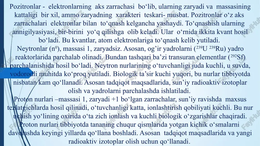 irmagan birligi - ku (ci) kyuri ham qo‘llanib kelinadi. 1 ku 1 gramm toza radiy aktivligi bo‘lib, unda 1 sekundda. 3,7 x 1010 atom parchalanishi ro‘y beradi, ku katta birlik hisoblanadi. ko‘p hollarda uning ulushlari mku (millikyuri – mingdan bir ulushi) yoki mkku (mikrokyuri – kyurining milliondan bir ulushi) qo‘llaniladi. 1 mkku = 37 kbk. aktivlik va uning birliklari radioaktiv moddalardan tarqaluvchi nurlar, alfa, beta yoki gamma nurlardan iborat bo‘lib, atomlar parchalanishi jarayonida hosil bo‘ladi. radioaktiv atomlar parchalanishi turlicha, ammo shu modda uchun doimiy bo‘lgan tezlikda ro‘y beradi. doza va uning birliklari. ionlovchi nurlar miqdori doza deb nomlanuvchi atama ibora bilan belgilanadi. doza deb, muhitning massa birligida (1 gramm) yutilgan nur miqdoriga aytiladi. yutilgan dozaning asosiy birligi ci sistemasi bo‘yicha gr – grey, (gy) hisoblanadi. 1 gr – 1 kg moddada 1 djoul energiya yutiladigan nur dozasidir. radiologiya amaliyotida ci sistemasiga kirmagan yutilgan doza birligi rad (rad) ham qo‘llanib keinadi. …