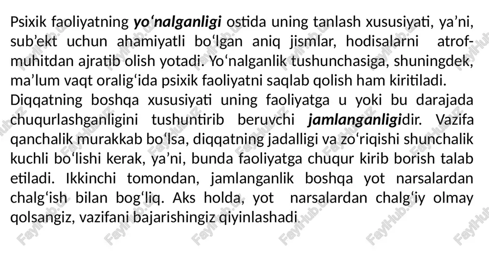 rgan holda uni tortadi. diqqatning markaziy mexanizmlari bir xil nerv markazlarining qo‘zg‘alishi, boshqalarining tormozlanishi bilan bog‘liq. nerv qo‘zg‘alishining kuchi bilan bog‘liq bo‘lgan tashqi ta’sirlarni ajratish aynan shu darajada sodir bo‘ladi. kuchli qo‘zg‘alish u bilan bir vaqtda sodir bo‘lgan kuchsiz qo‘zg‘alishni siqib chiqaradi va psixik faoliyatning muvofiq yo‘nalishda kechishini belgilaydi. lekin bir vaqtning o‘zida ta’sir ko‘rsatib, bir-birini kuchaytiruvchi bir yoki ikki seskantiruvchilarning qo‘shilish ehtimoli ham mavjud t. ribo diqqat doimo organizmning jismoniy va fiziologik holatlarining o‘zgarishlari bilan birgalikda kechishini uqtiradi. bunda diqqat tabiatini tushuntirishda ribo harakatlarga alohida o‘rin ajratadi. uning fikricha, diqqatning jamlanganlik holati organik reaksiyalar bilan birga diqqatni ma’lum darajada tutib turishning zaruriy sharti sifatida namoyon bo‘ladigan tana, yuz, gavda, oyoq-qo‘llar qismlarining harakatlari bilan birgalikda kechadi. biror-bir ob’ektda diqqatni jamlash va ushlab qolishga ketkaziladigan urinish har doim fiziologik asosga ega bo‘ladi. bu holatga, riboning fikri bo‘yicha, mushak zo‘riqishi mos keladi, diqqatning chalg‘ishi esa, mushak charchog‘i bilan bog‘liq bo‘ladi. bundan kelib …