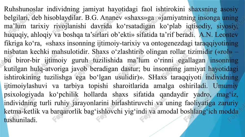 nish imkoniyatlarini oldindan ko‘ra olish, shaxs sifatlarining ba’zilarini bartaraf etish, boshqalarining rivojlanishini esa rag‘batlantirish mumkin. motivlar u yoki bu darajada anglangan yoki umuman anglanmagan bo‘lishi mumkin. shaxs yo‘nalganligida asosiy o‘rinni anglangan motivlar egallaydi havas – bu sub’ektning ajratilmagan, anglanmagan yoki etarlicha anglanmagan ehtiyojlarini ifodalovchi ruhiy holat. istak faoliyat motivi sifatida ehtiyojning etarlicha aniq anglanganligi bilan ifodalanadi. bunda uning ob’ektigina emas, balki uni qondirish yo‘llari ham anglanadi. intilish istak tuzilishiga irodaviy tarkibiy qism qo‘shilganida yuzaga keladi. qiziqish – bu shaxsning yo‘nalganligini faoliyat maqsadlarini anglash bilan ta’minlovchi bilish ehtiyoji ifodalanishining maxsus shakli. sub’ektiv tarzda qiziqish ob’ektni chuqurroq o‘rganish, u haqda ko‘proq ma’lumotga ega bo‘lish, uni tushunish istagida bilish jarayoniga ega bo‘ladigan ijobiy emotsional tonda namoyon bo‘ladi. odatda, shaxs yo‘nalganligini ifodalovchi qiziqishning qondirilishi uning so‘nishiga sabab bo‘lmasdan, uni ichdan o‘zgartiradi, boyitadi va chuqurlashtiradi, bilish faoliyatining yuqori darajasi talablariga javob beruvchi yangi qiziqishlarni uyg‘otadi. e’tiqodlar – bu shaxsni o‘z qarashlari, tamoyillari, dunyoqarashiga muvofiq ravishda …